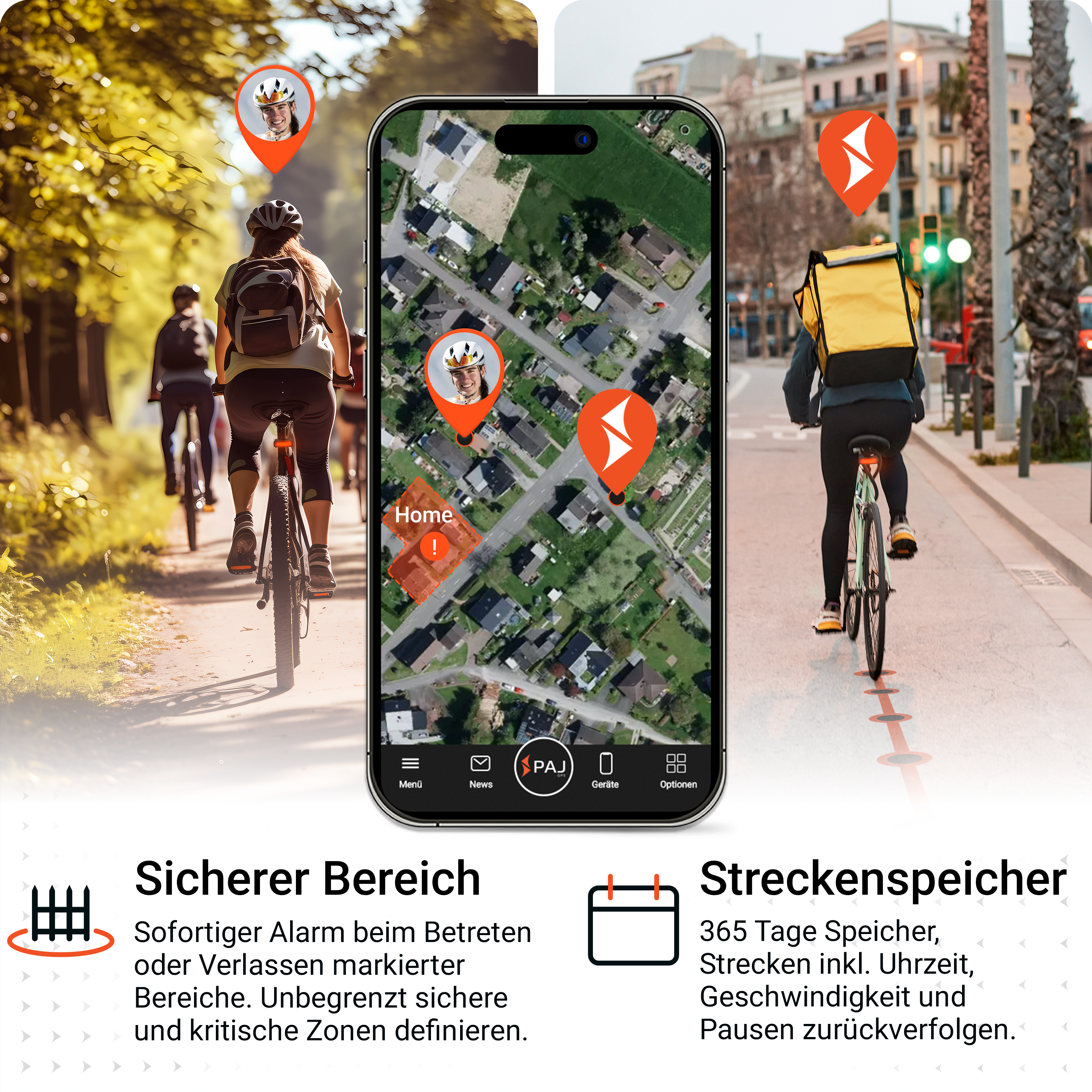Bild zeigt Radfahrer mit einem Telefon, das eine Karte mit Standortmarkierungen und Text anzeigt. Text über sichere Zonen und Routenverfolgung.