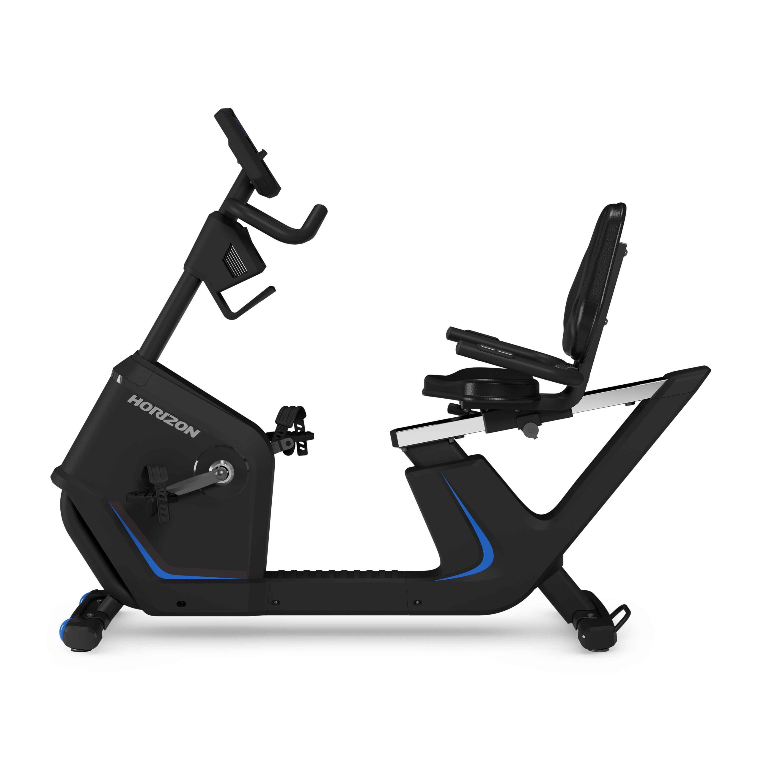 Una bicicleta estática reclinada. Marco negro, detalles azules, asiento acolchado y manijas. La marca "HORIZON" es visible.
