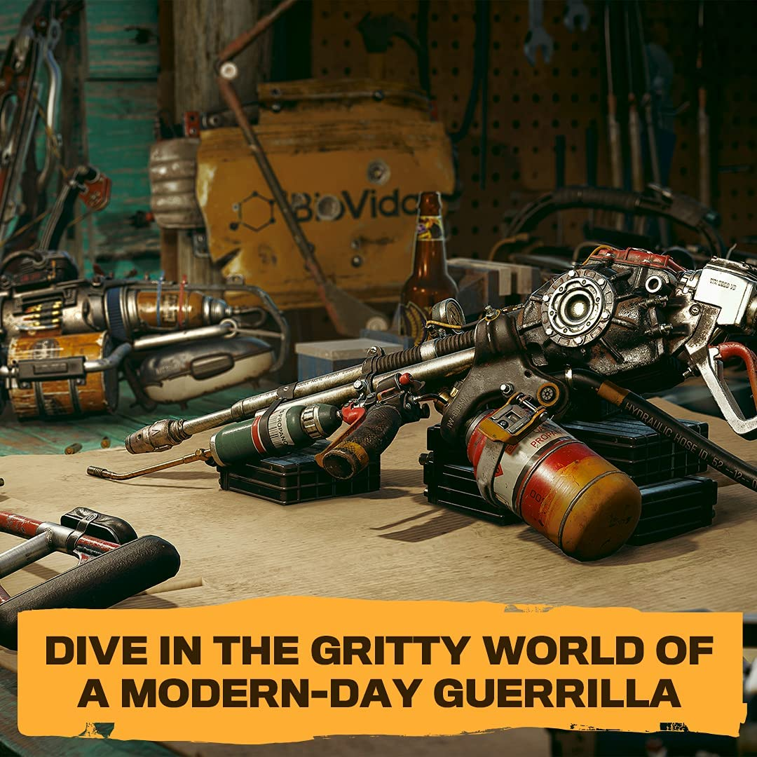 Warsztat z bronią, narzędziami i żółtym pojemnikiem z napisem 'BoVidca'. Butelka i tekst 'DIVE IN THE GRITTY WORLD'.