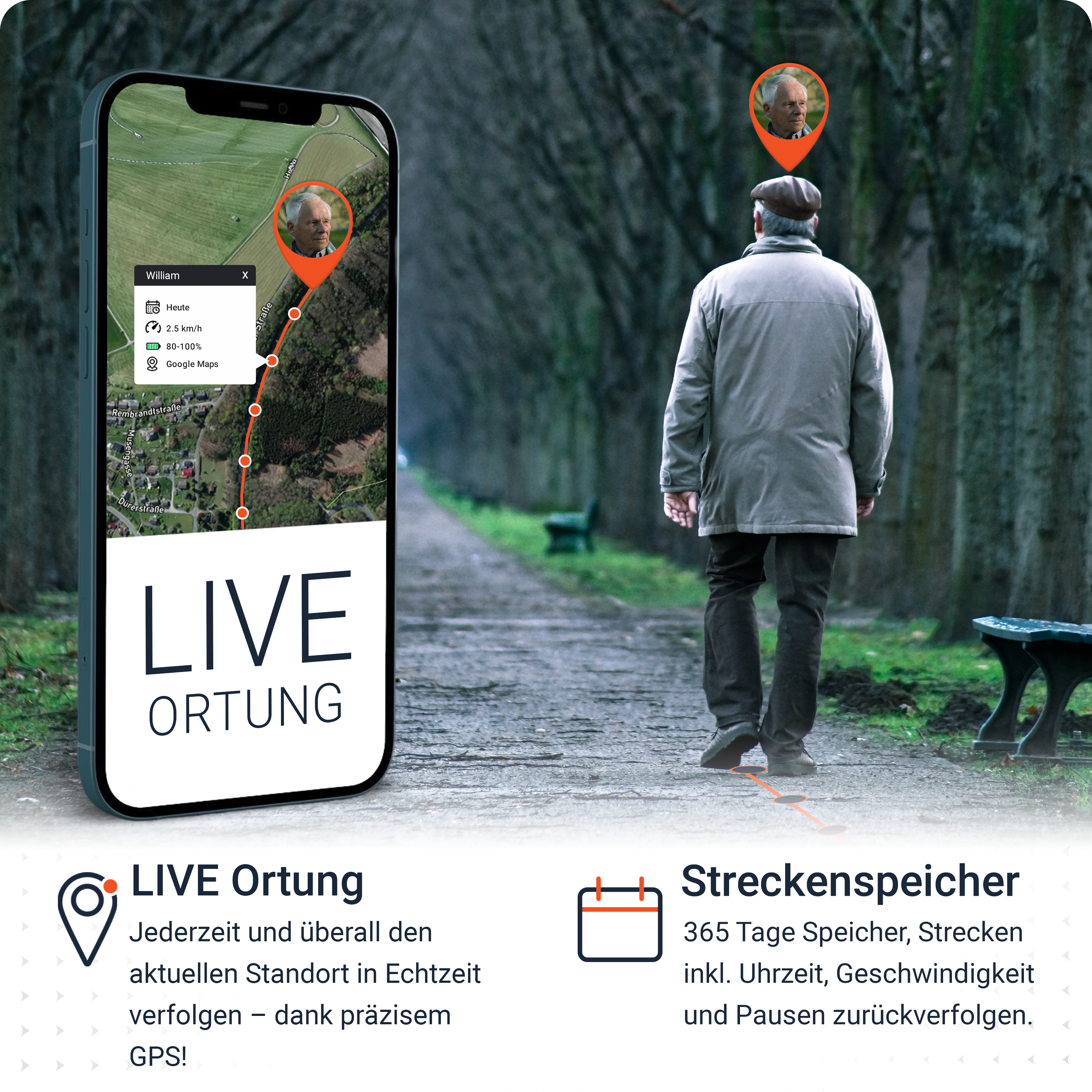 Ein Mann geht auf einem Pfad. Ein Telefon zeigt eine Karte mit seinem Standort. Text sagt 'LIVE Ortung' und 'Streckenspeicher'.