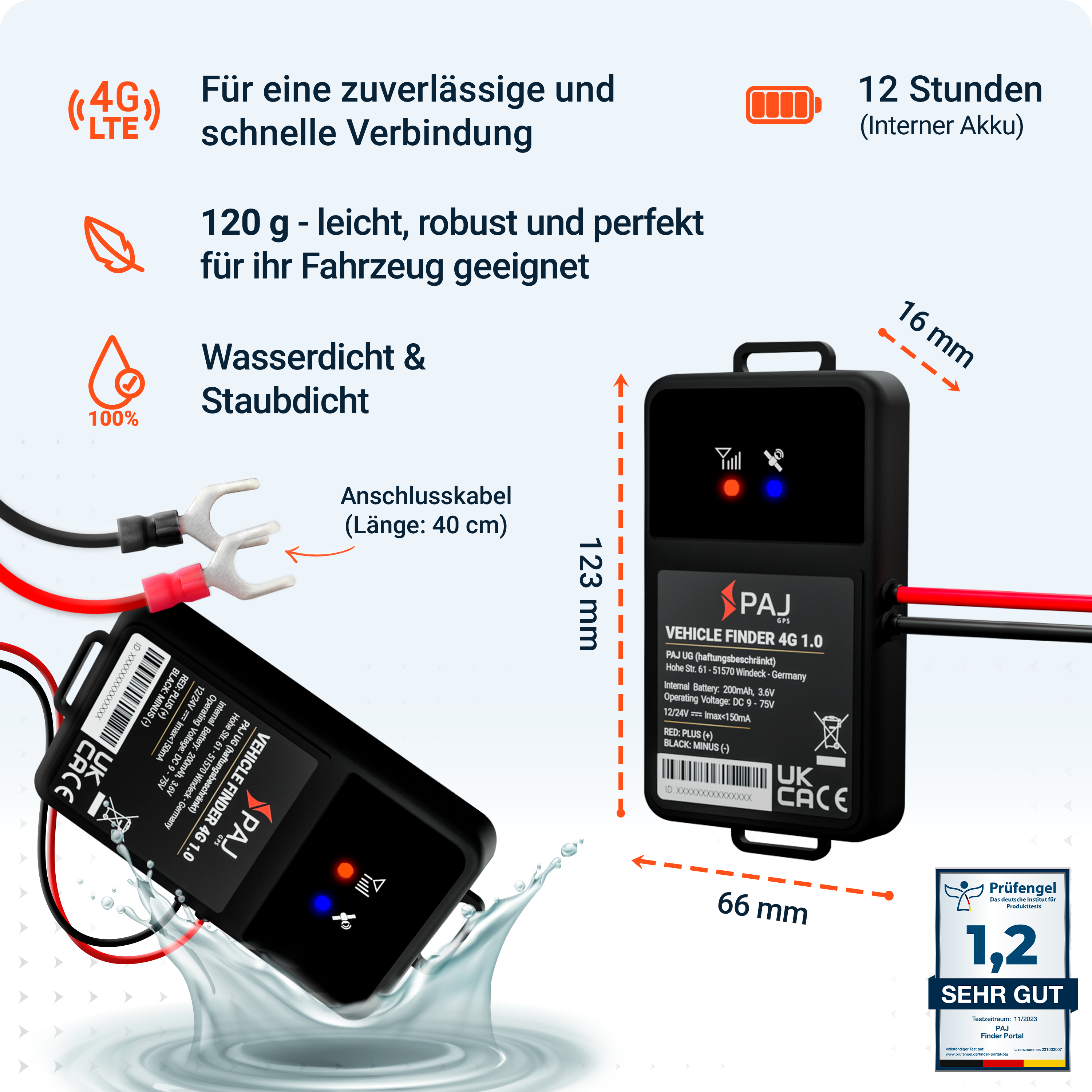 Schwarzer GPS-Tracker mit roten/schwarzen Drähten, Abmessungen und Informationstext. Wasserspritzer.