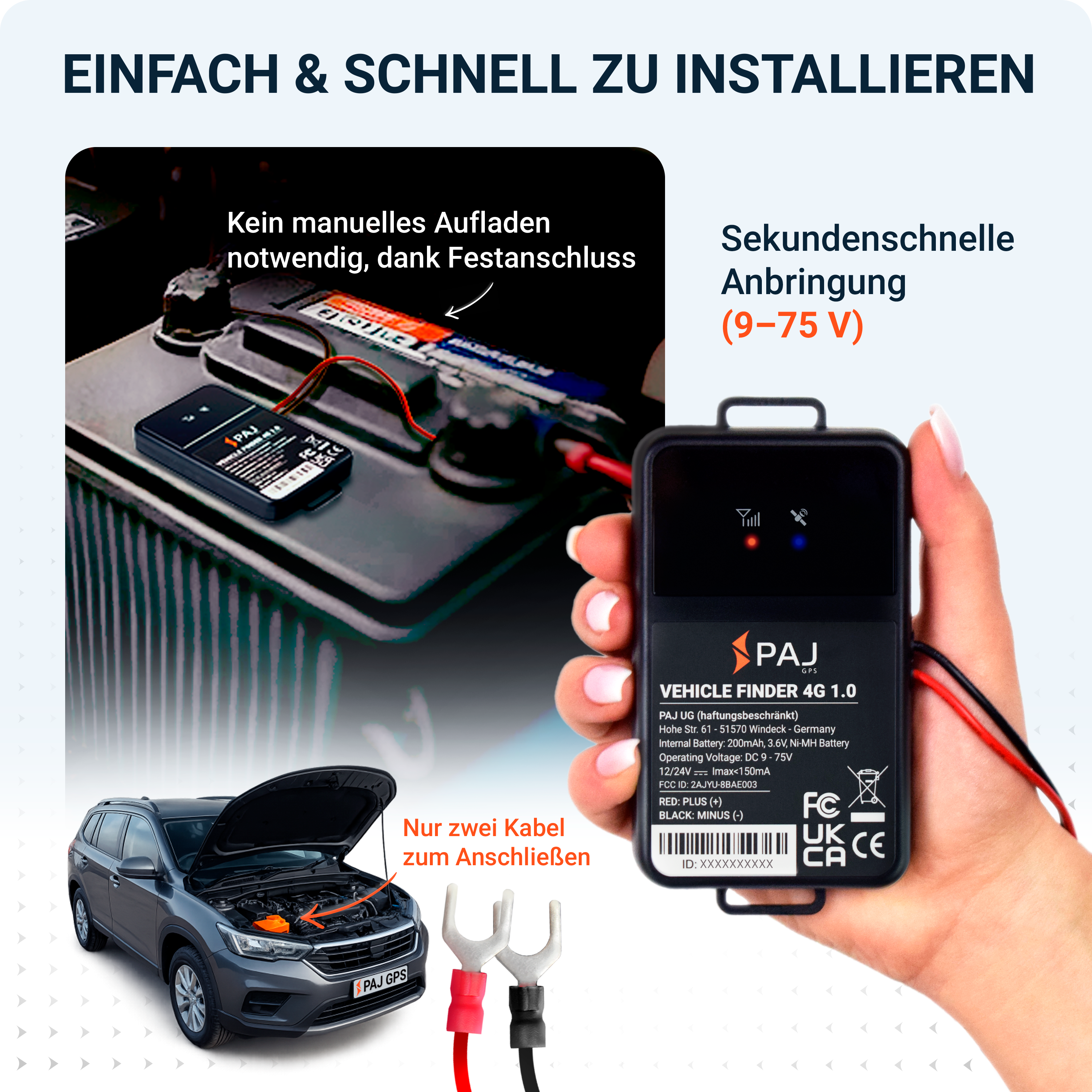 Das Bild zeigt einen GPS-Tracker und ein Auto. Es zeigt eine Batterie, Kabel und Text in deutscher Sprache.