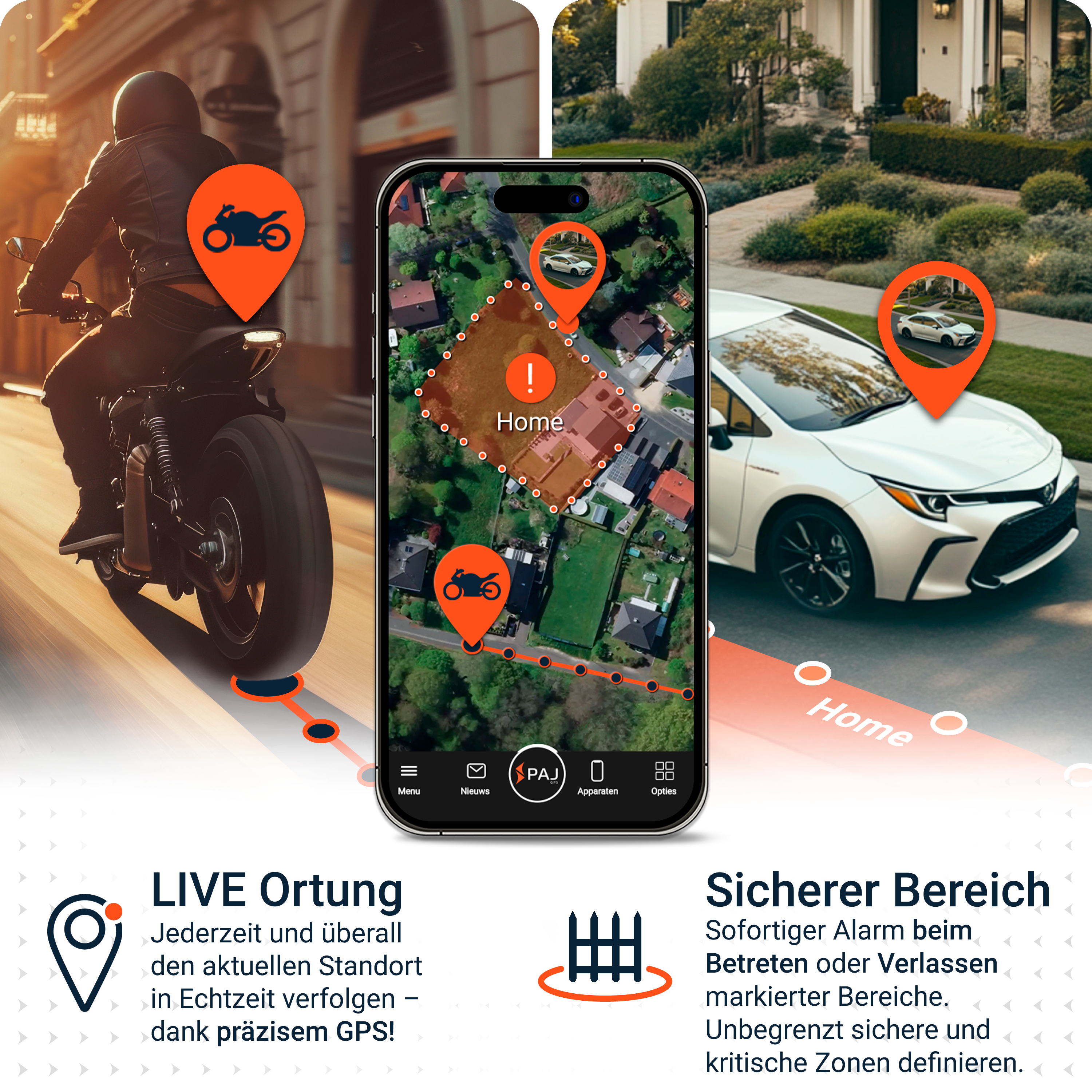 Das Bild zeigt ein Motorrad, ein Telefon mit einer Karte und ein weißes Auto. Text beschreibt Live-Tracking und sichere Zonen.