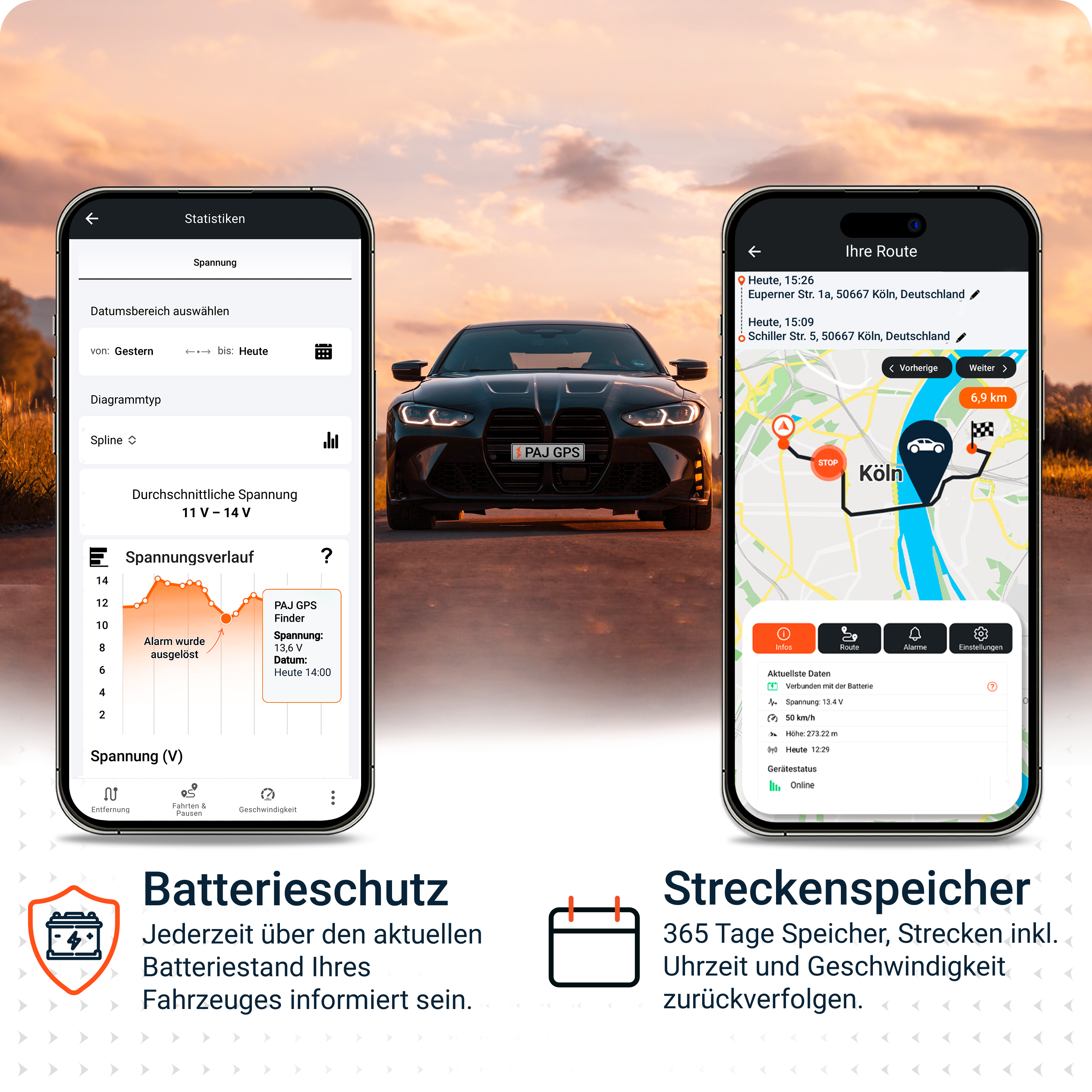 Ein schwarzes Auto vor einem Telefonbildschirm mit Navigation und Batteriestatus, mit Text auf Deutsch.