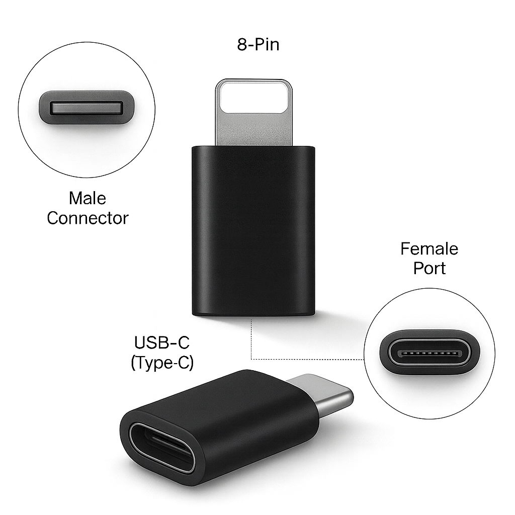 Ein Adapter mit USB-C-, 8-Pin- und Steckeranschlüssen wird gezeigt. Der Adapter ist schwarz, mit weißem Hintergrund und Beschriftungen.