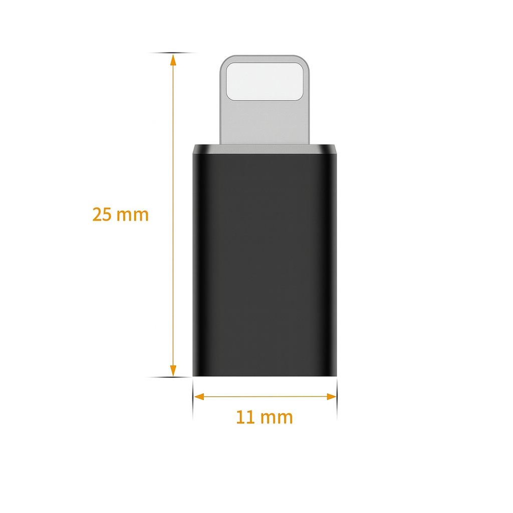 Ein schwarzer Adapter mit silbernem Stecker, Abmessungen von 25 mm x 11 mm sind mit orangefarbenen Pfeilen und Text angegeben.