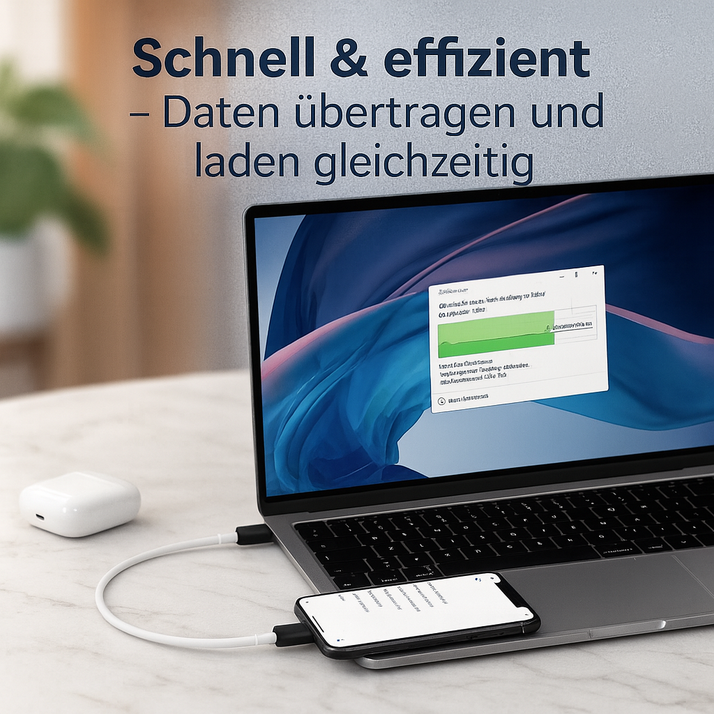 Laptop, Telefon und Ladekoffer verbunden. Telefon zeigt Text. Laptop-Bildschirm zeigt den Datenübertragungsfortschritt.