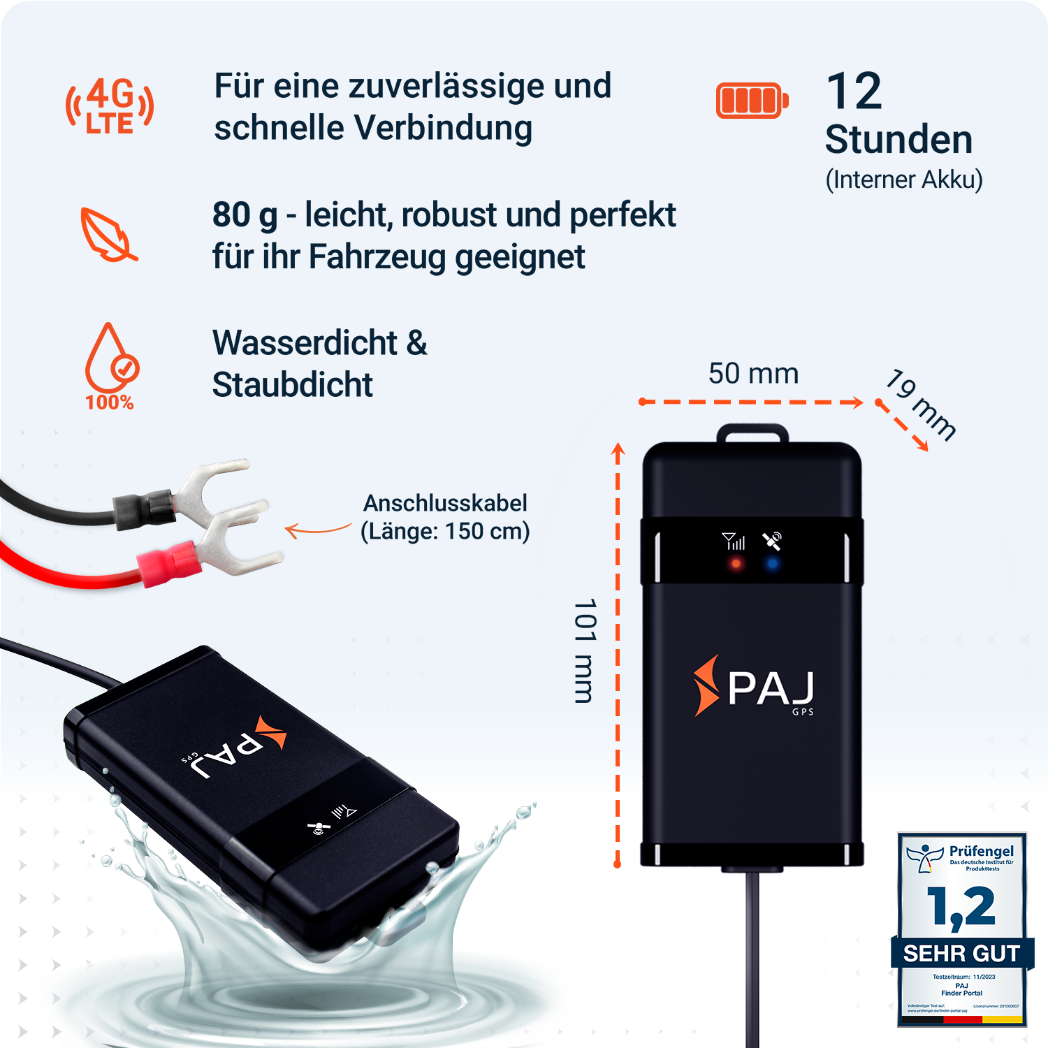 Schwarzer GPS-Tracker mit orangefarbenem Logo. Merkmale sind wasserdichtes Design, 4G und 12 Stunden Akkulaufzeit, mit Wasserspritzern.