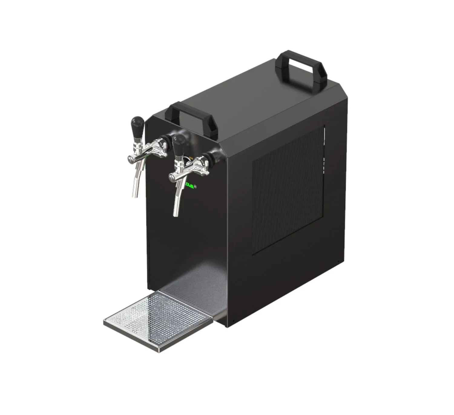Une tireuse à bière noire avec trois robinets, un bac d'égouttement et une poignée sur le dessus. La machine est sur fond blanc.