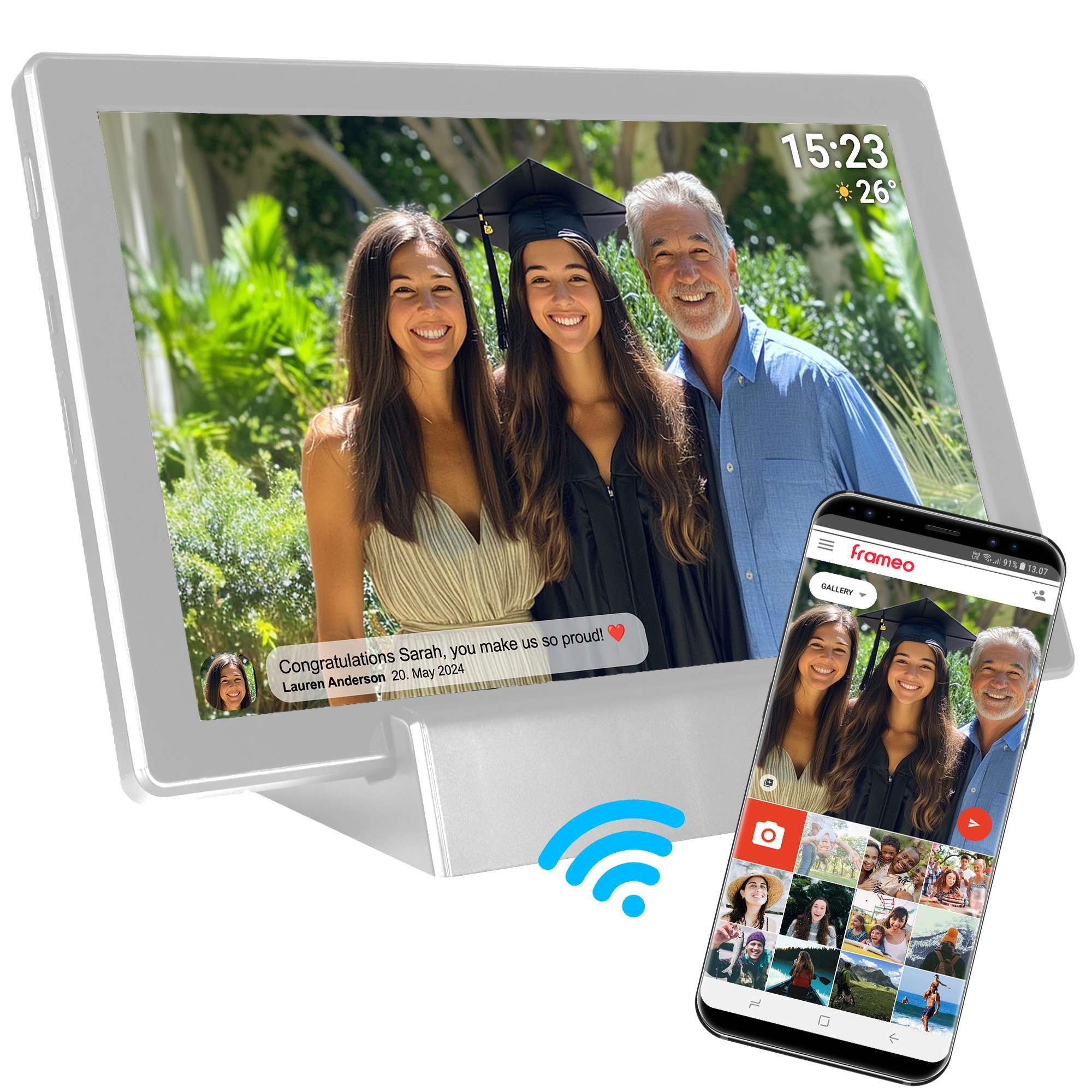 Cadre photo numérique avec portrait de famille. Un smartphone affiche la même photo et une galerie de photos est visible.