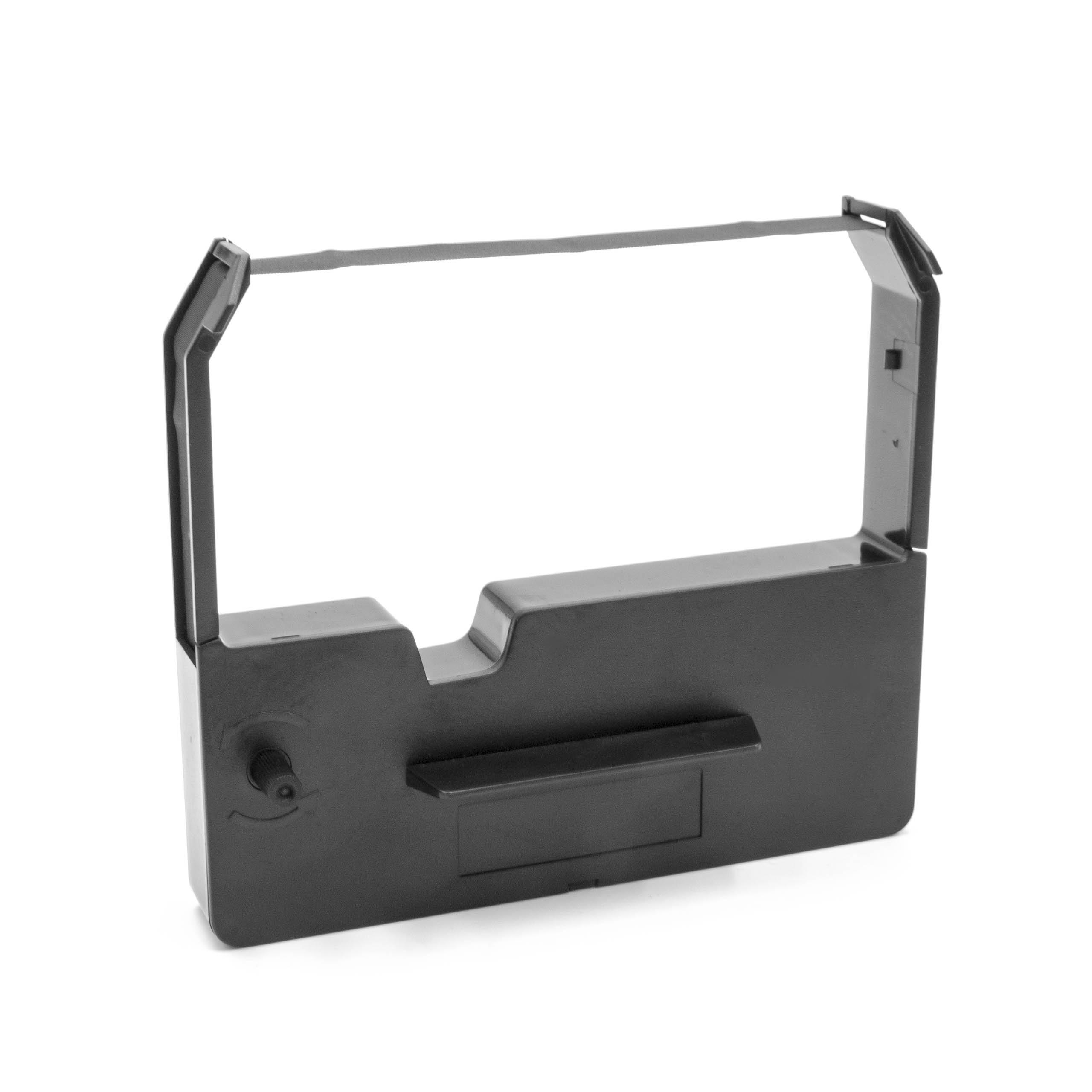 Schwarze Tintenbandpatrone für einen Drucker, isoliert auf weißem Hintergrund. Das Band befindet sich in einem Kunststoffgehäuse.