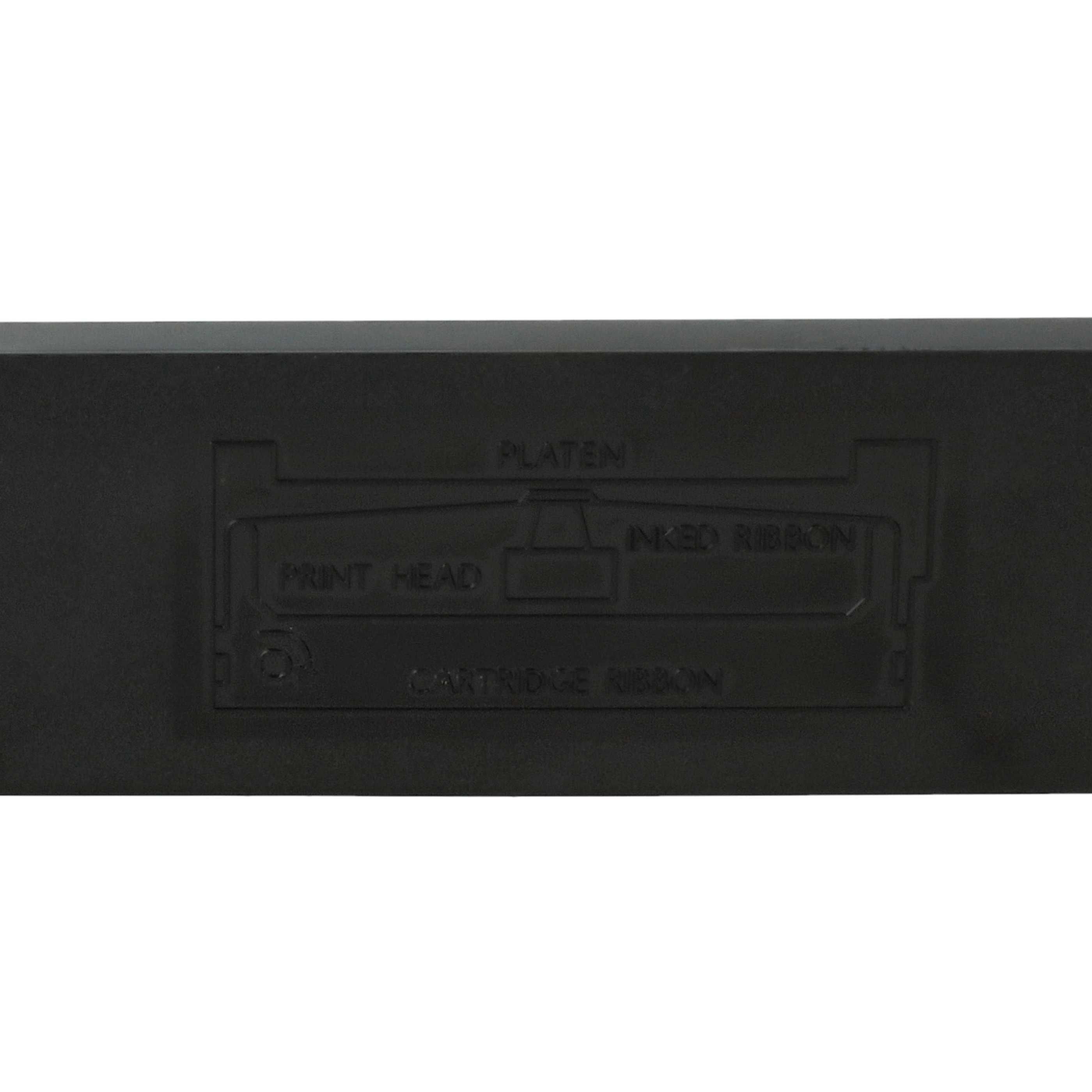 Schwarze Druckerkomponente mit Beschriftungen: PLATEN, INKED RIBBON, PRINT HEAD und CARTRIDGE RIBBON, vor weißem Hintergrund.