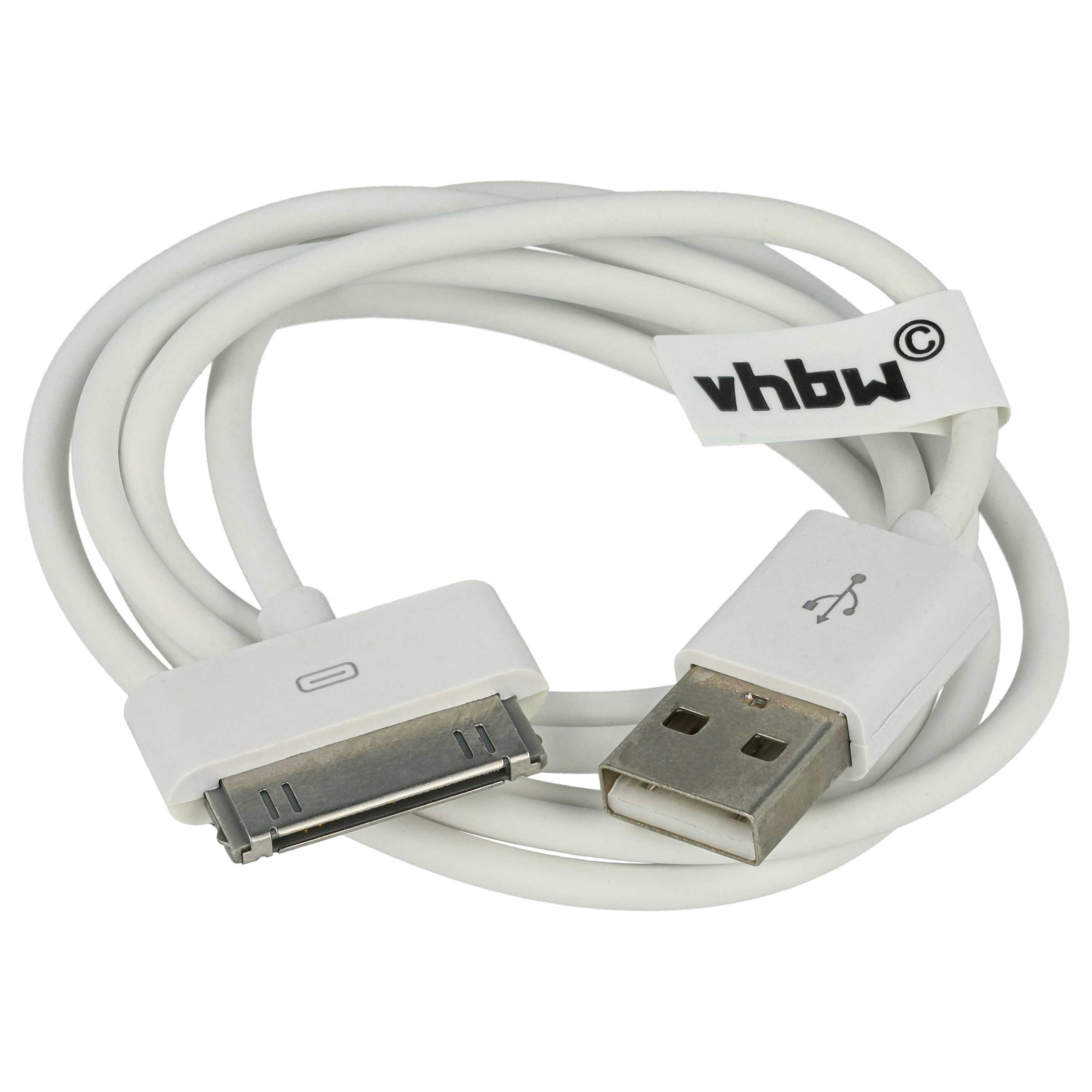 Ein weißes Ladekabel für Apple-Geräte mit USB-Anschluss an einem Ende und Dock-Anschluss am anderen.