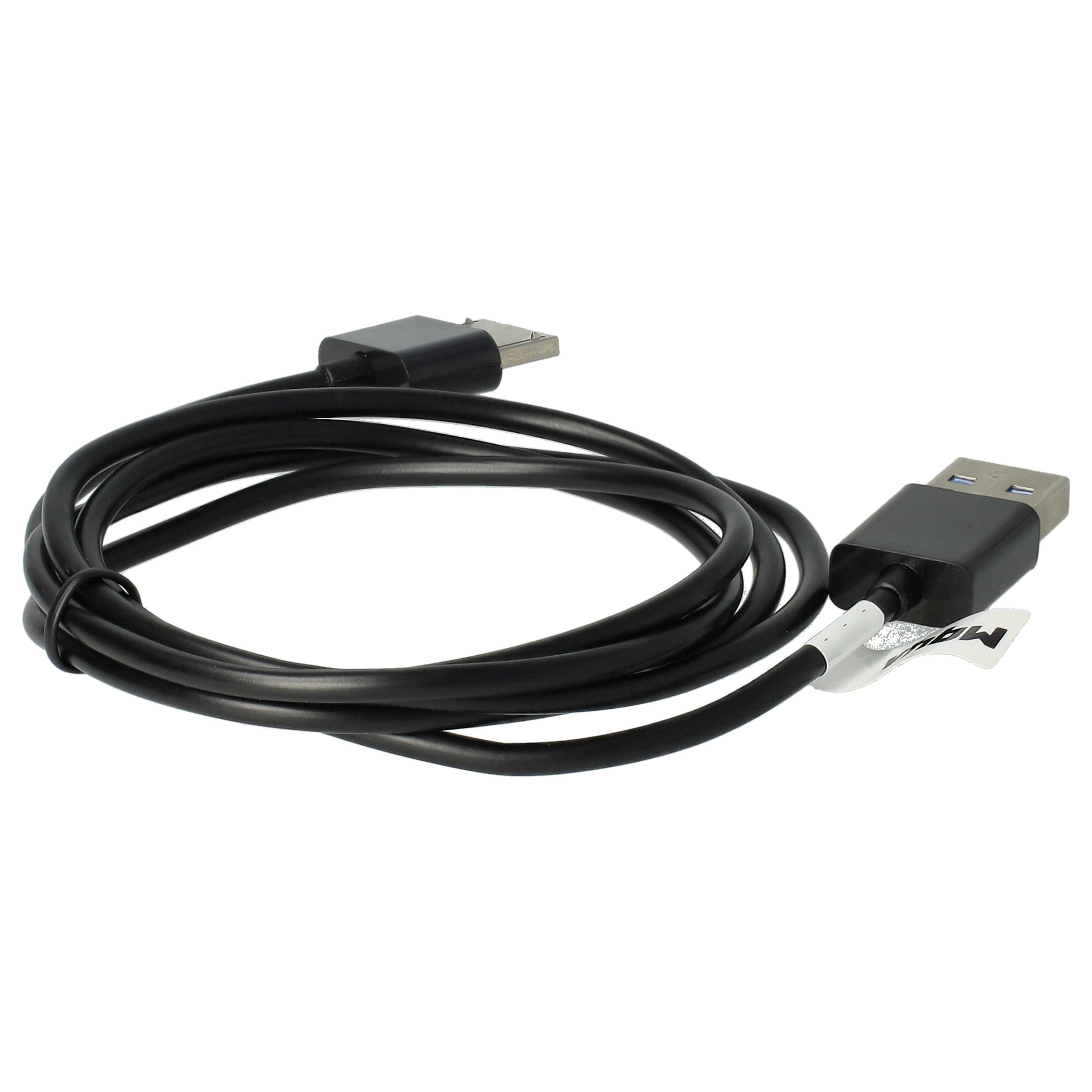 Schwarzes USB-Kabel auf weißem Hintergrund. Es hat zwei Anschlüsse. Einer hat ein Etikett.