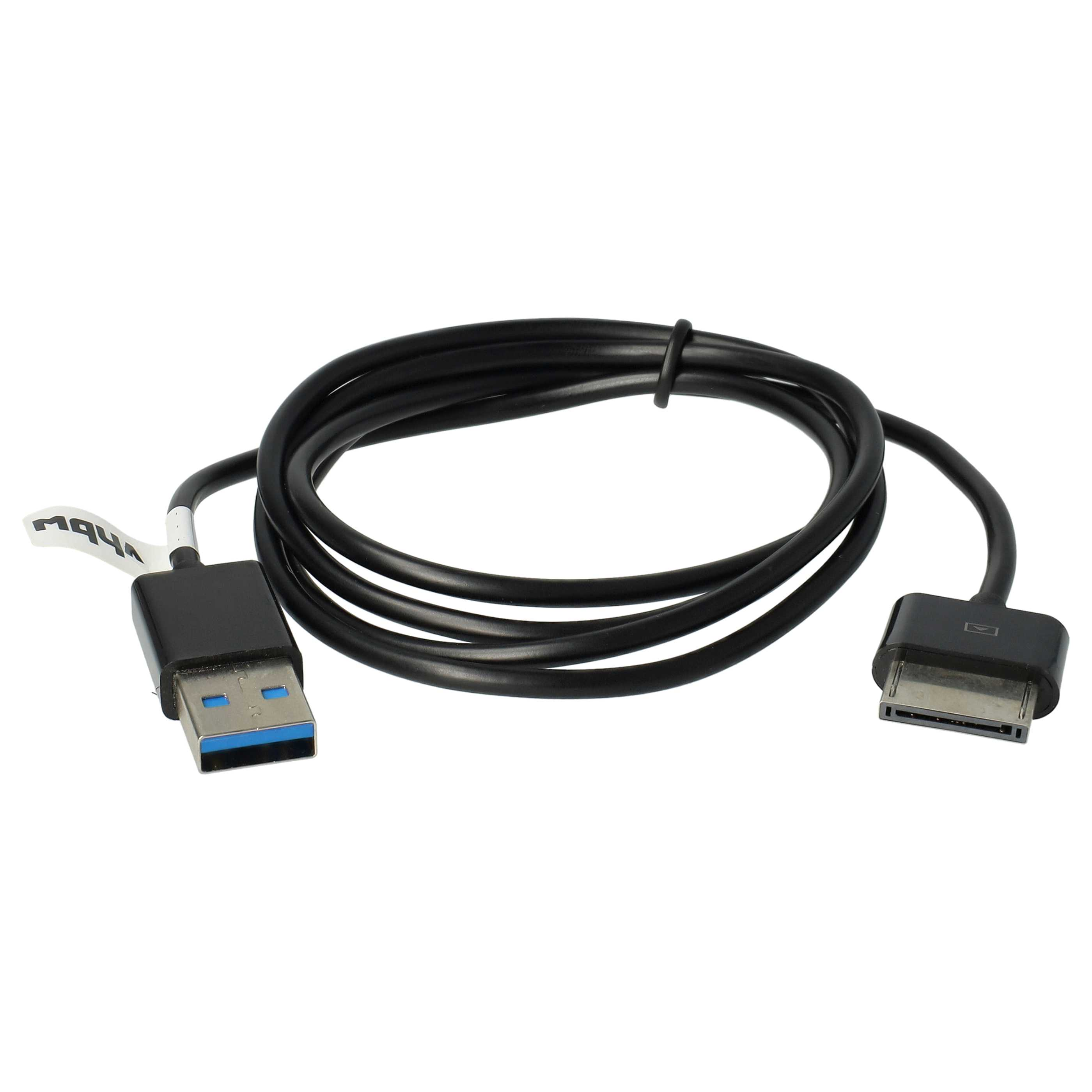 Ein schwarzes USB-Kabel mit einem USB-Anschluss und einem Tablet-Anschluss, auf weißem Hintergrund aufgerollt.