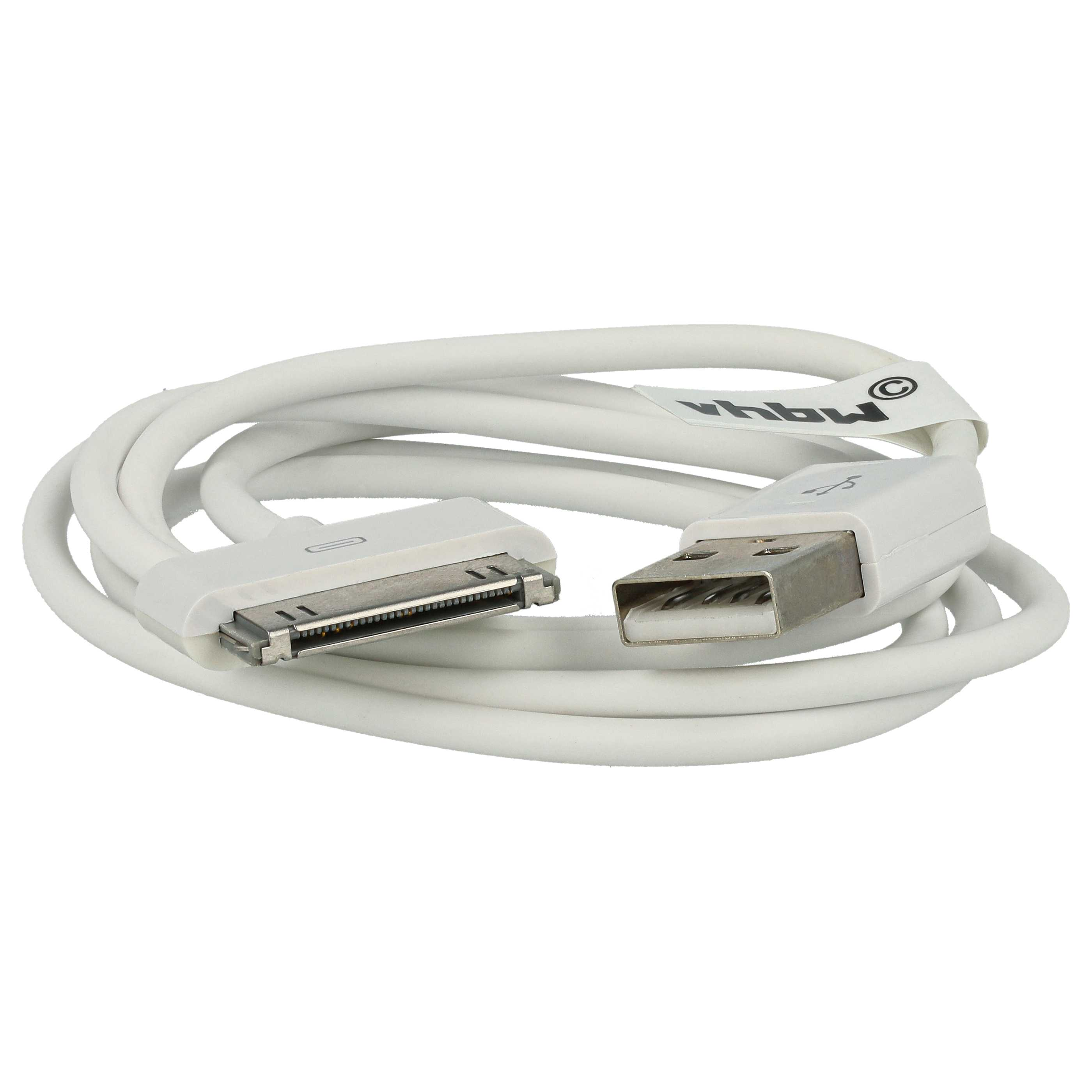Ein weißes USB-Kabel mit zwei Anschlüssen, eines für einen USB-Anschluss und das andere für ein Apple-Gerät, auf weißem Hintergrund.