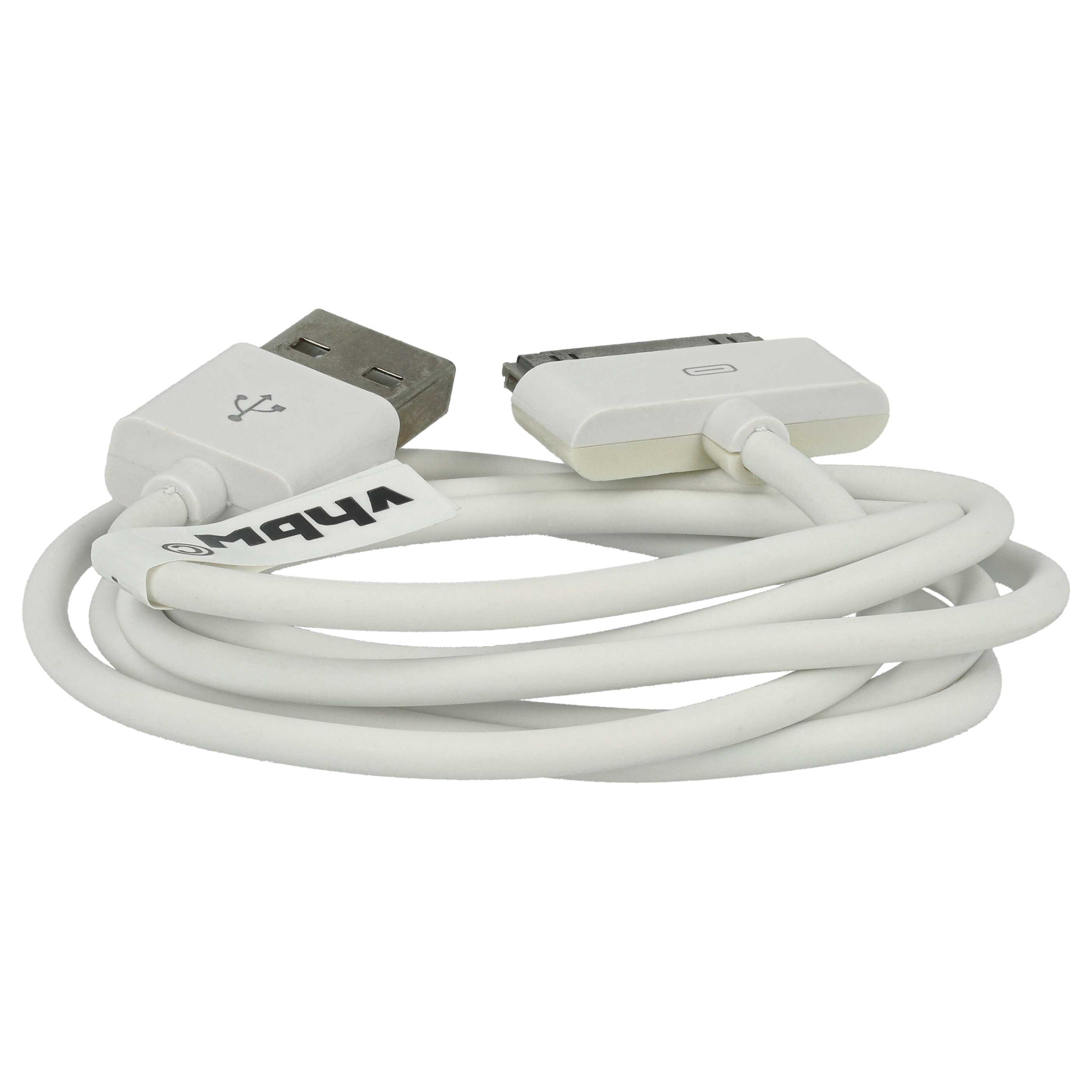 Weißes USB-Kabel mit USB- und 30-Pin-Anschluss. Das Kabel ist aufgerollt und hat ein weißes Etikett.