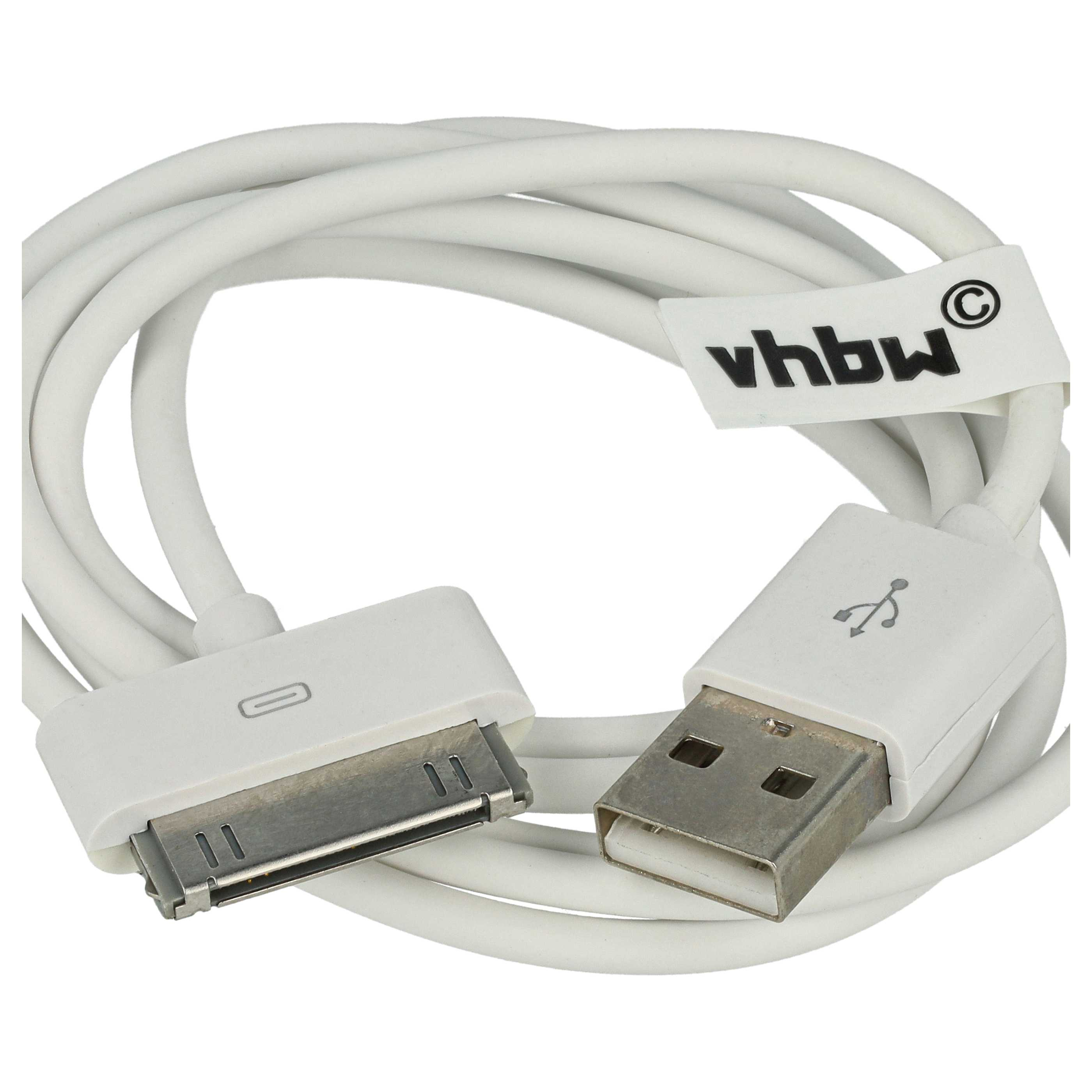 Ein weißes Ladekabel mit USB- und 30-Pin-Anschluss. Das Kabel hat ein vhbw-Logo.