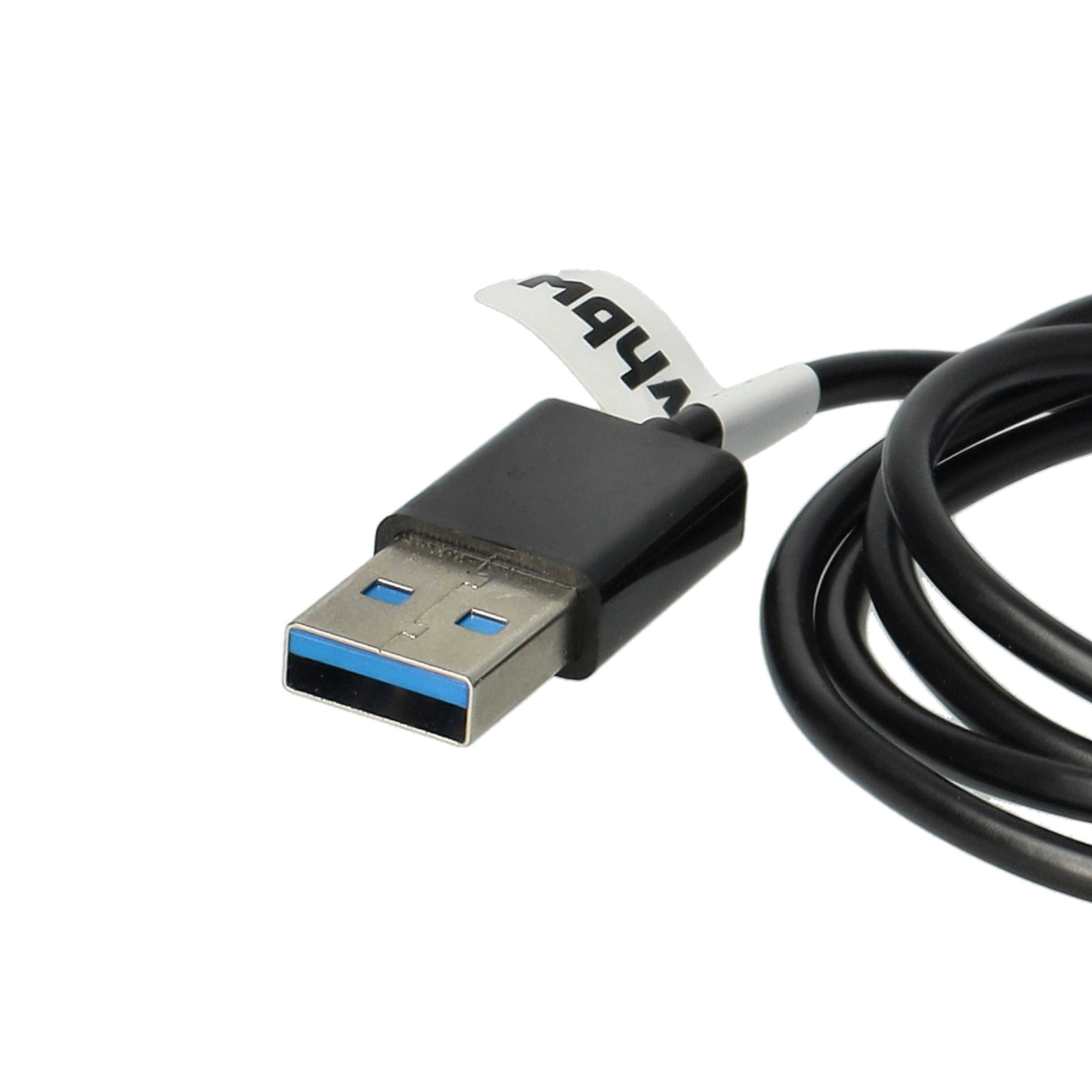 Ein schwarzes USB-Kabel mit einem schwarzen Stecker und einem weißen Etikett. Der Stecker hat blaue und silberne Details.