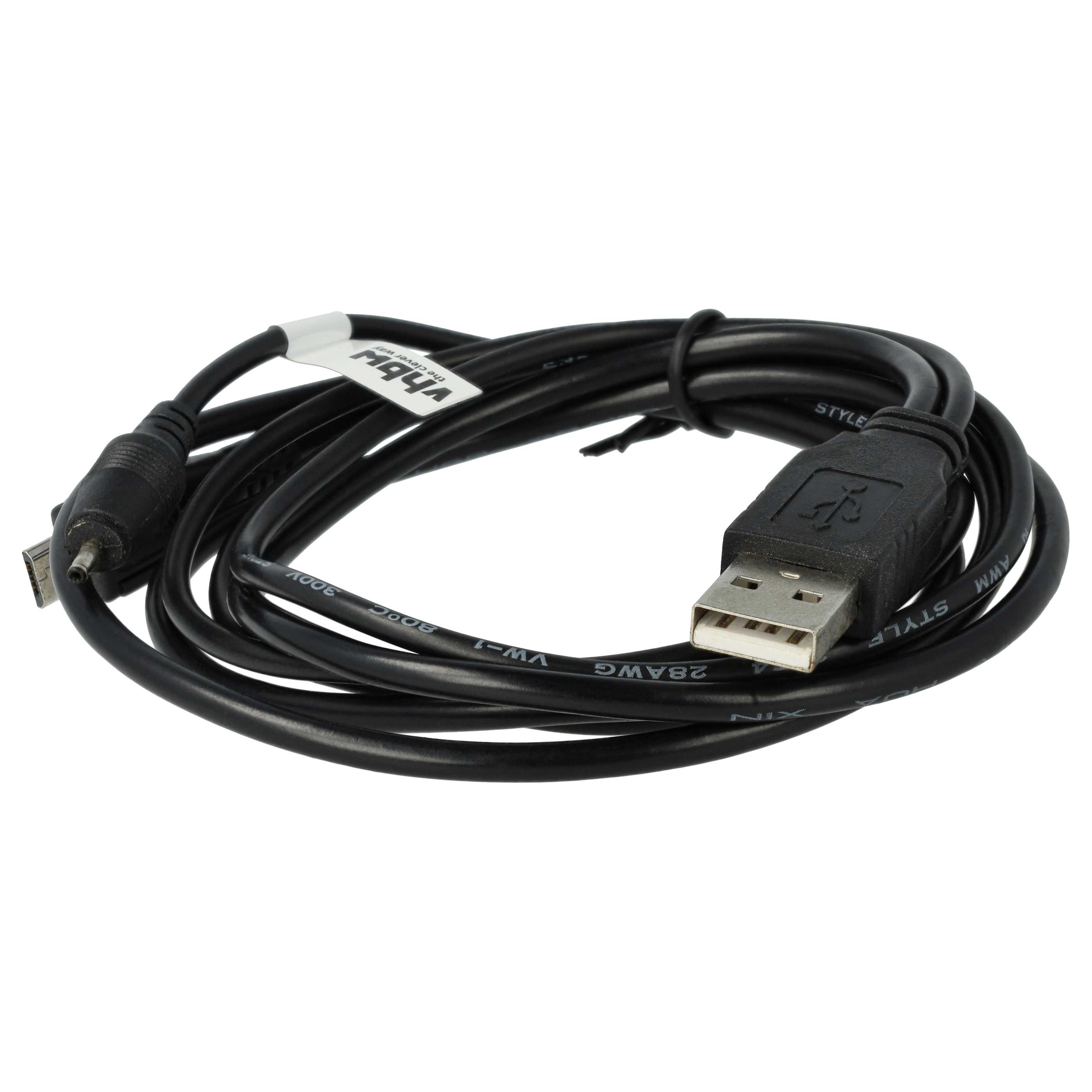 Ein schwarzes USB-Kabel mit einem USB-A- und einem Micro-USB-Anschluss, auf weißem Hintergrund, mit Etikett.