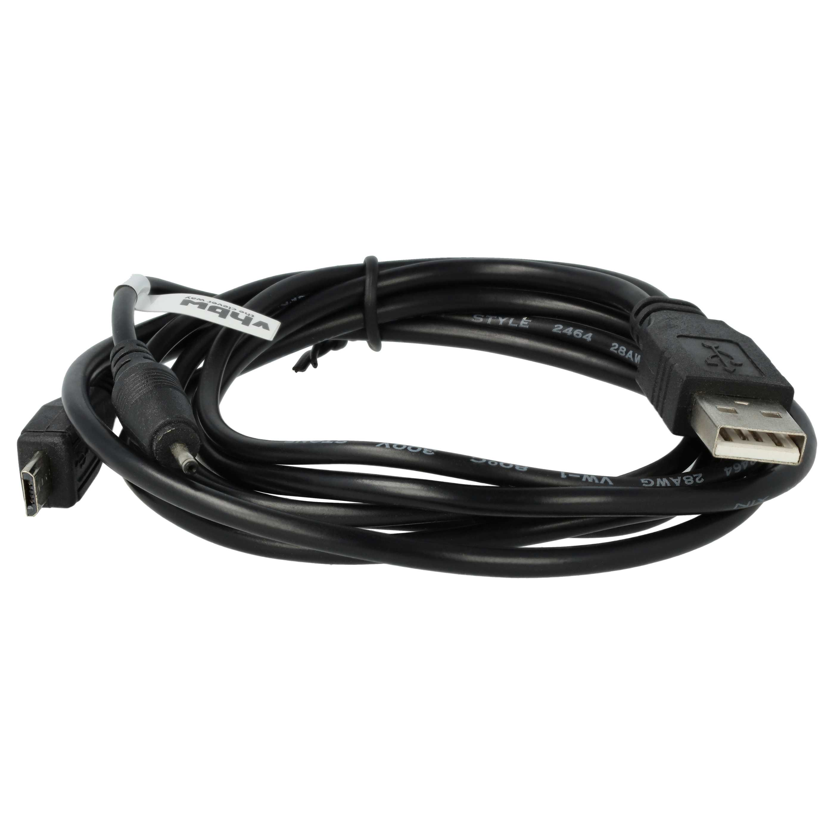 Ein schwarzes USB-Kabel mit mehreren Anschlüssen, darunter USB, Micro-USB und ein runder Stecker.
