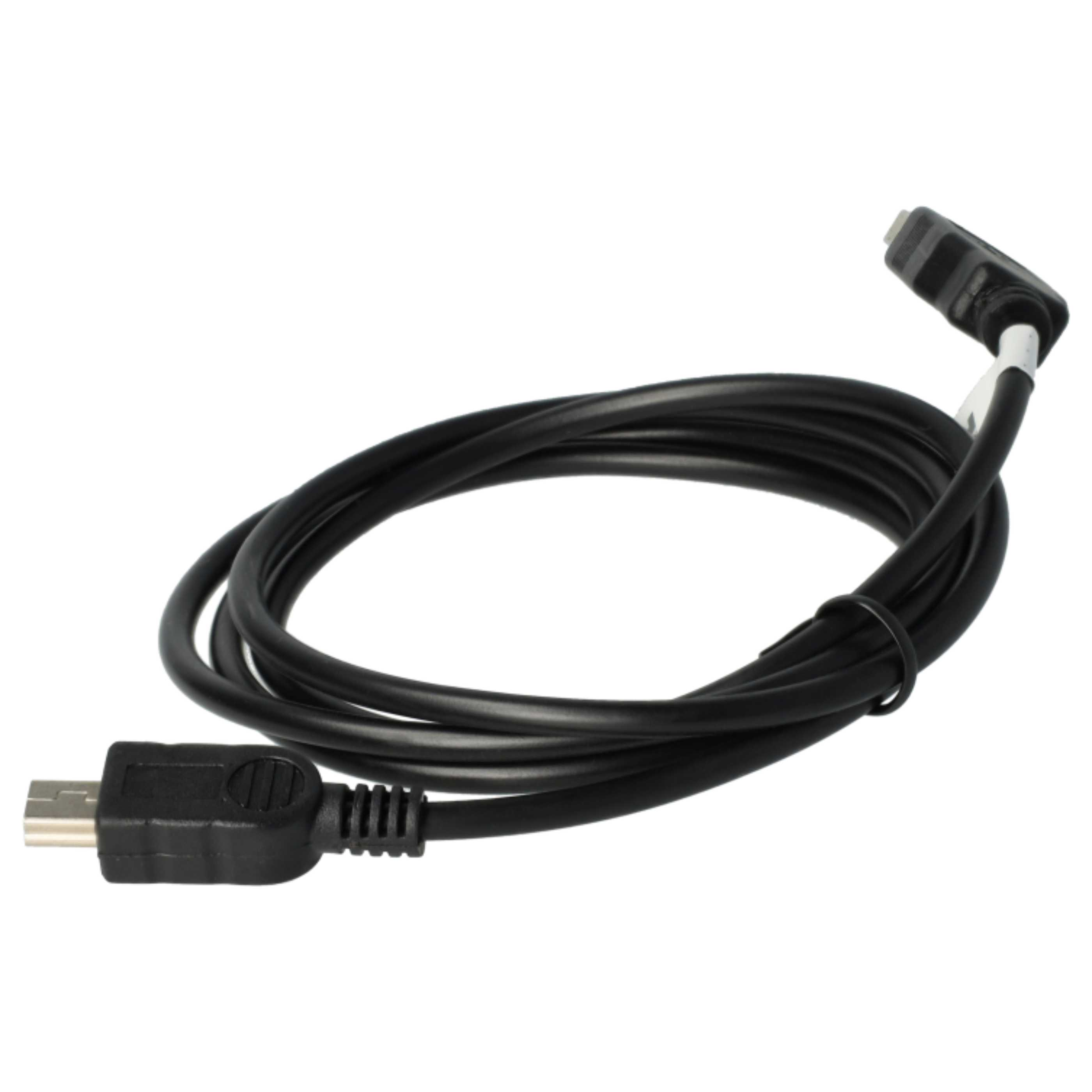 Ein schwarzes USB-Kabel mit zwei unterschiedlich geformten Steckern. Das Kabel ist aufgerollt und liegt auf weißem Grund.