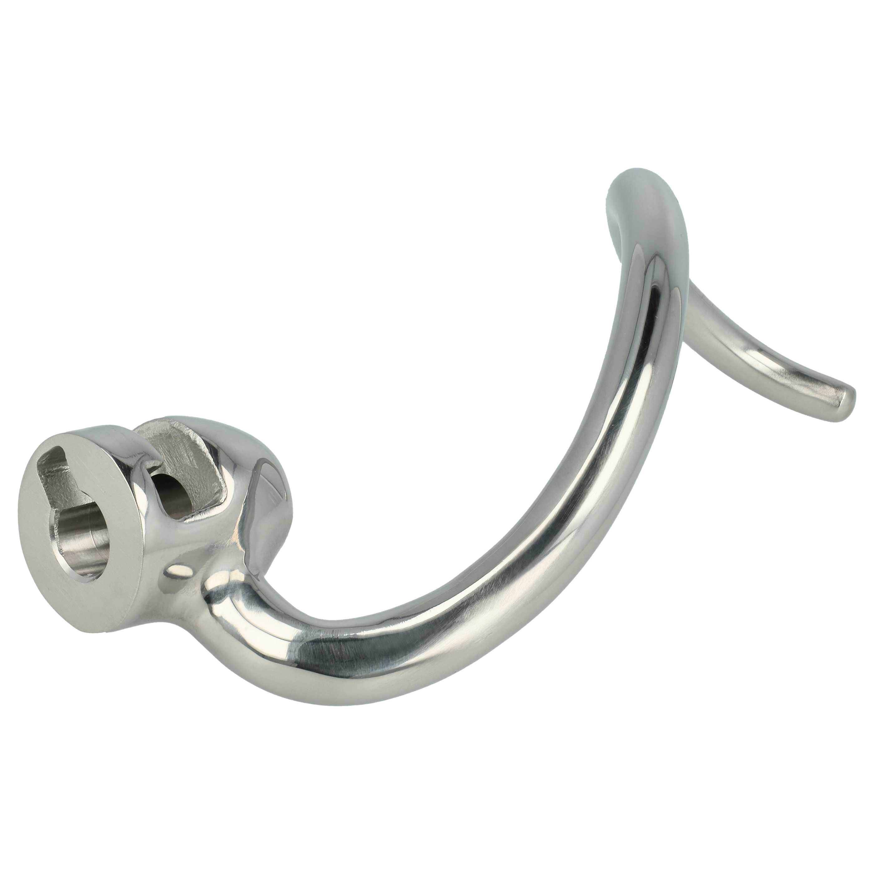 Ein glänzender, metallischer Knethaken für einen Mixer, isoliert auf Weiß. Es hat ein gebogenes Design mit sechseckiger Basis.