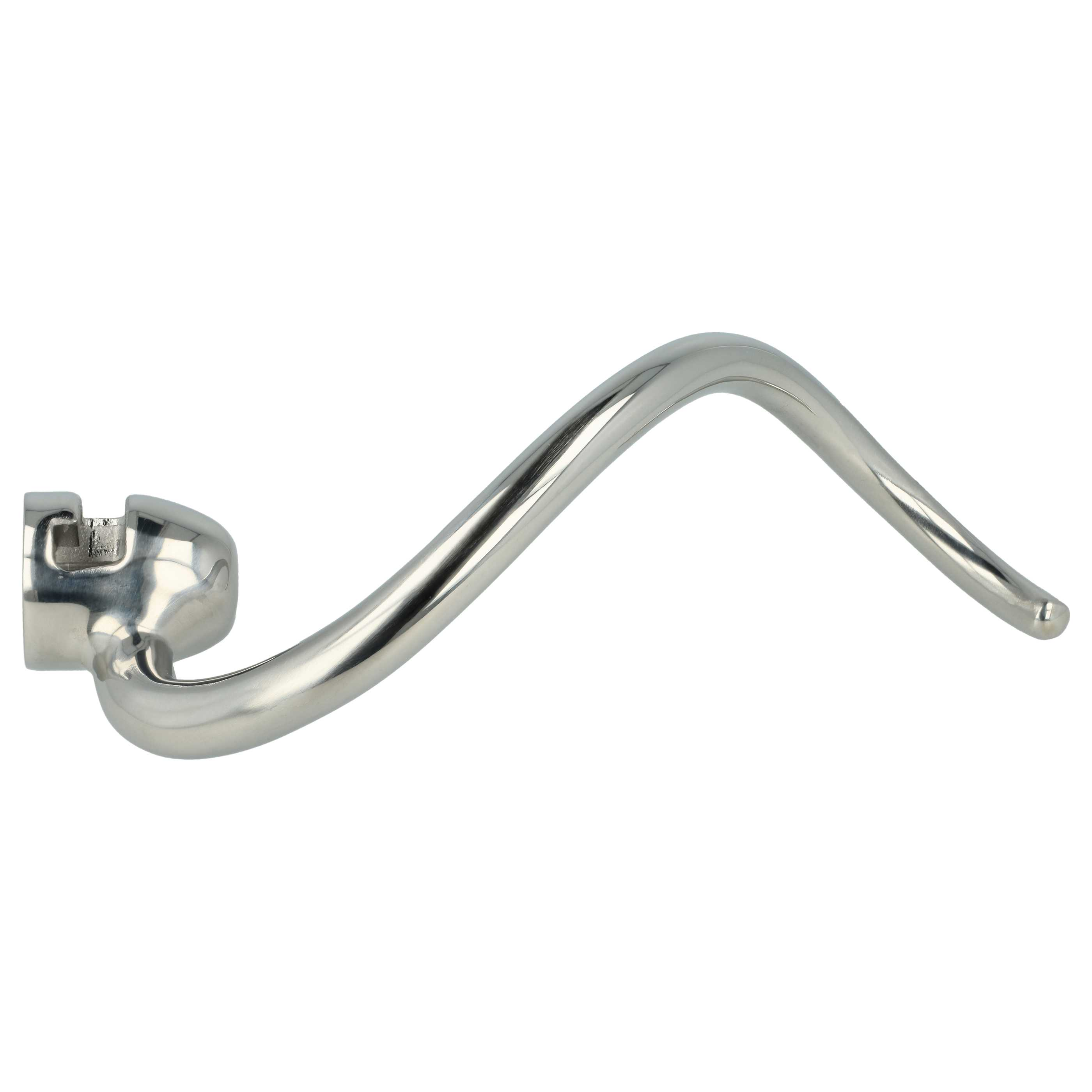 Ein gebogener, glänzender Metallgriff, möglicherweise für einen Mixer, auf weißem Hintergrund.