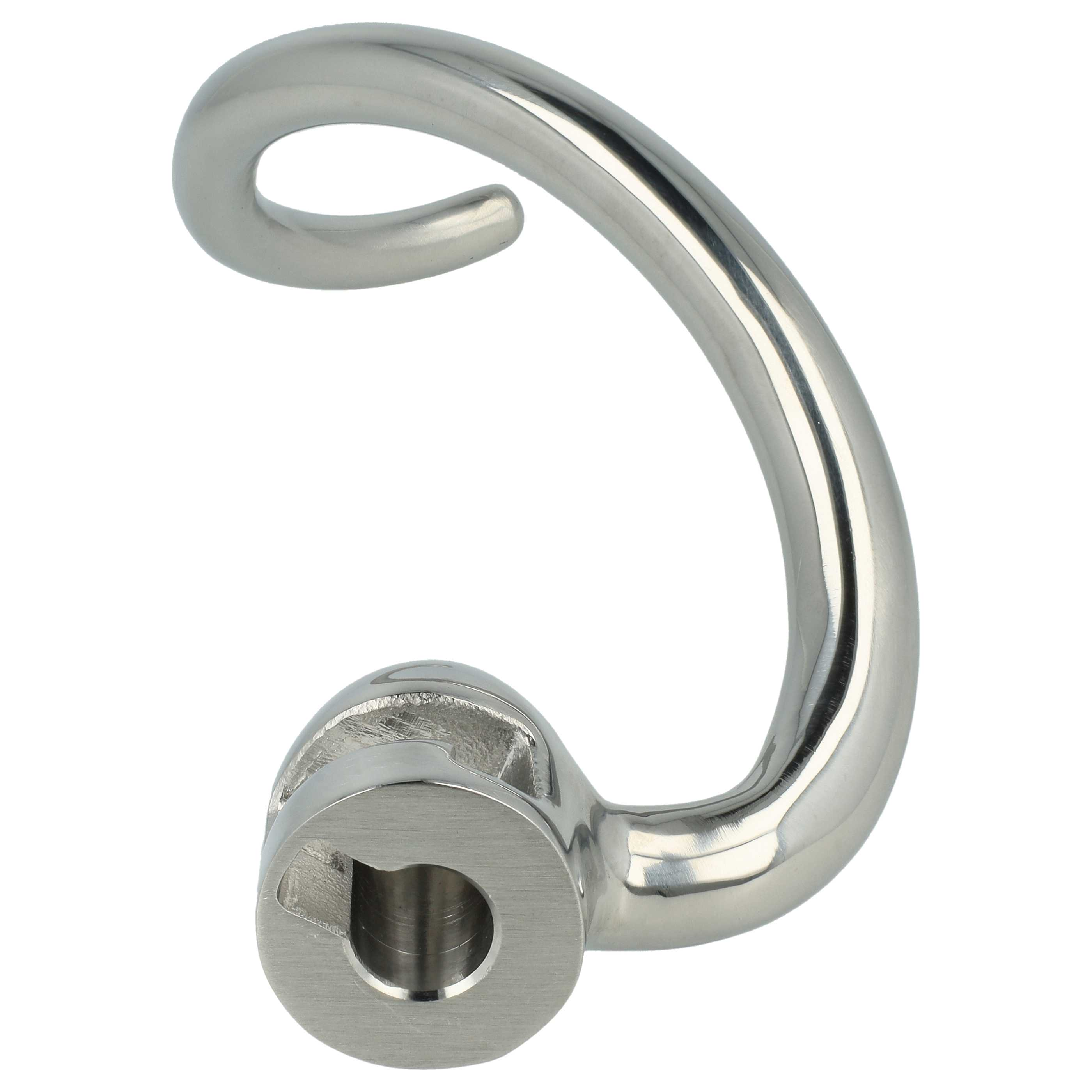 Ein gebogener, polierter Metallgriff mit einer Schlaufe oben und einer kreisförmigen Basis mit einem Loch.