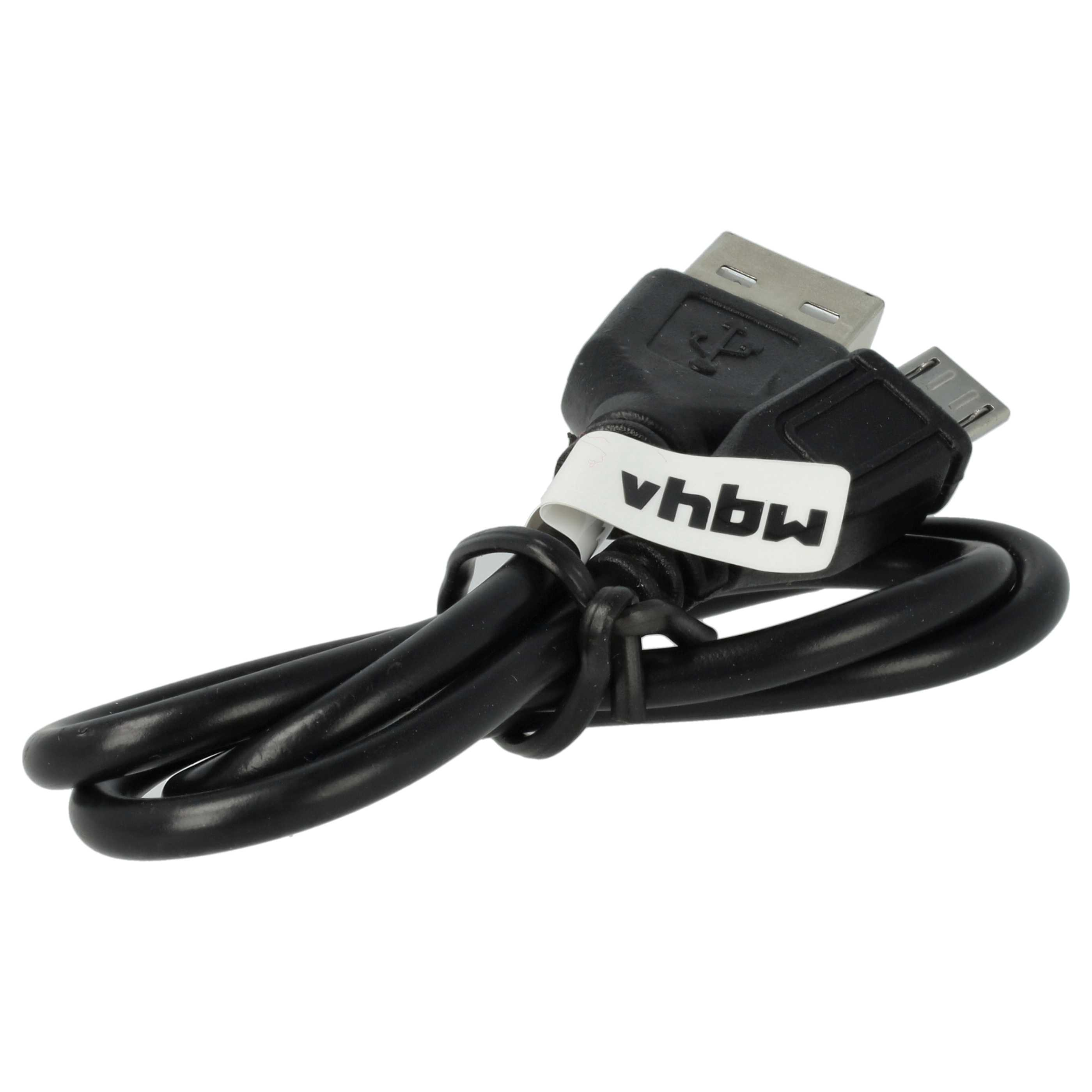 Schwarzes USB-Kabel mit weißem vhbw-Etikett, Anschlüsse oben, aufgerollt. Weißer Hintergrund.