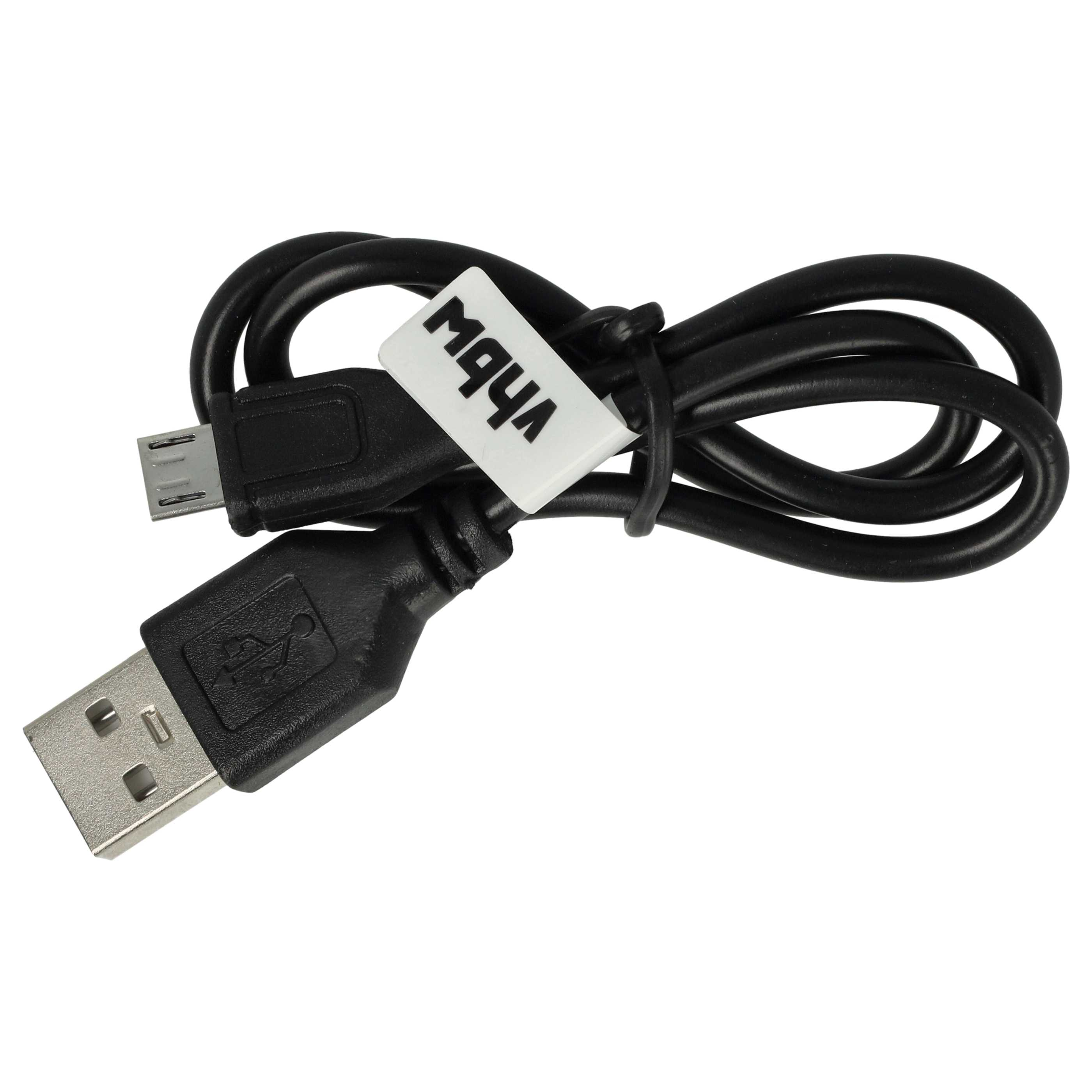 Schwarzes USB-zu-Micro-USB-Kabel mit weißem Etikett 'vHbW'. Die Anschlüsse sind schwarz, der Hintergrund ist weiß.