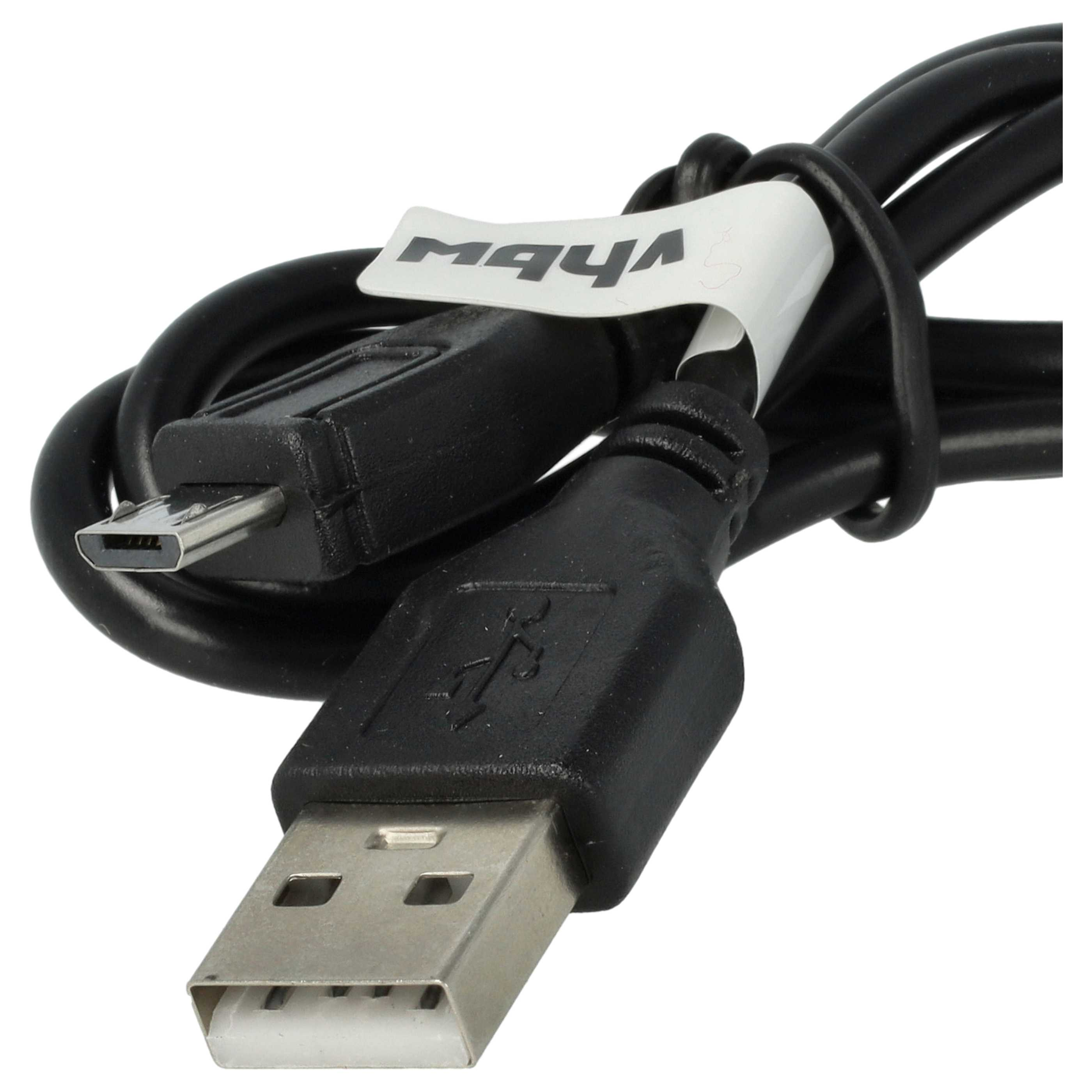 Ein schwarzes USB-Kabel mit einem USB-A- und Micro-USB-Anschluss. Ein weißes Etikett zeigt "MAYA".
