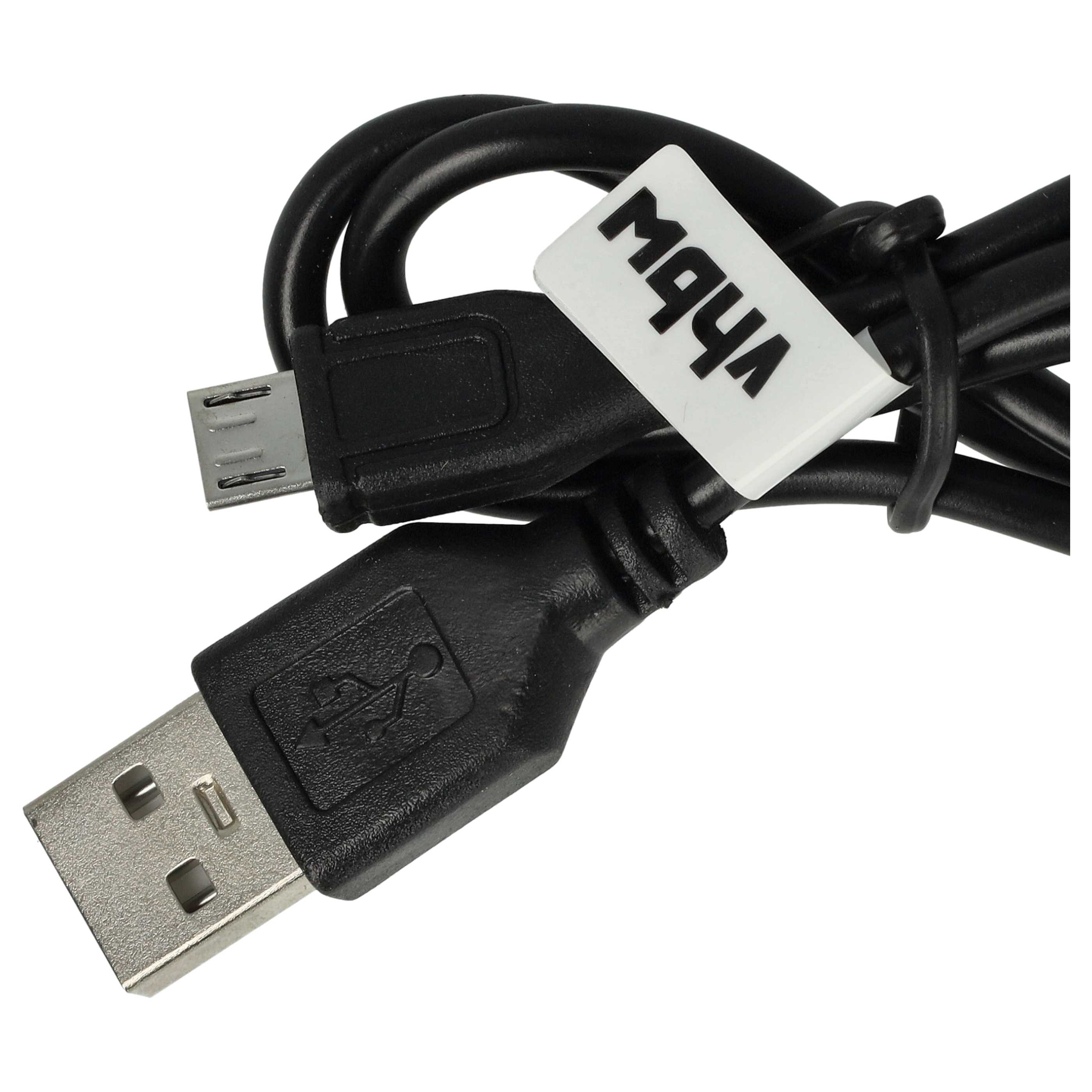 Ein schwarzes USB-Kabel mit USB-Anschluss und Micro-USB-Anschluss, mit einem weißen Etikett mit der Aufschrift MqVb.