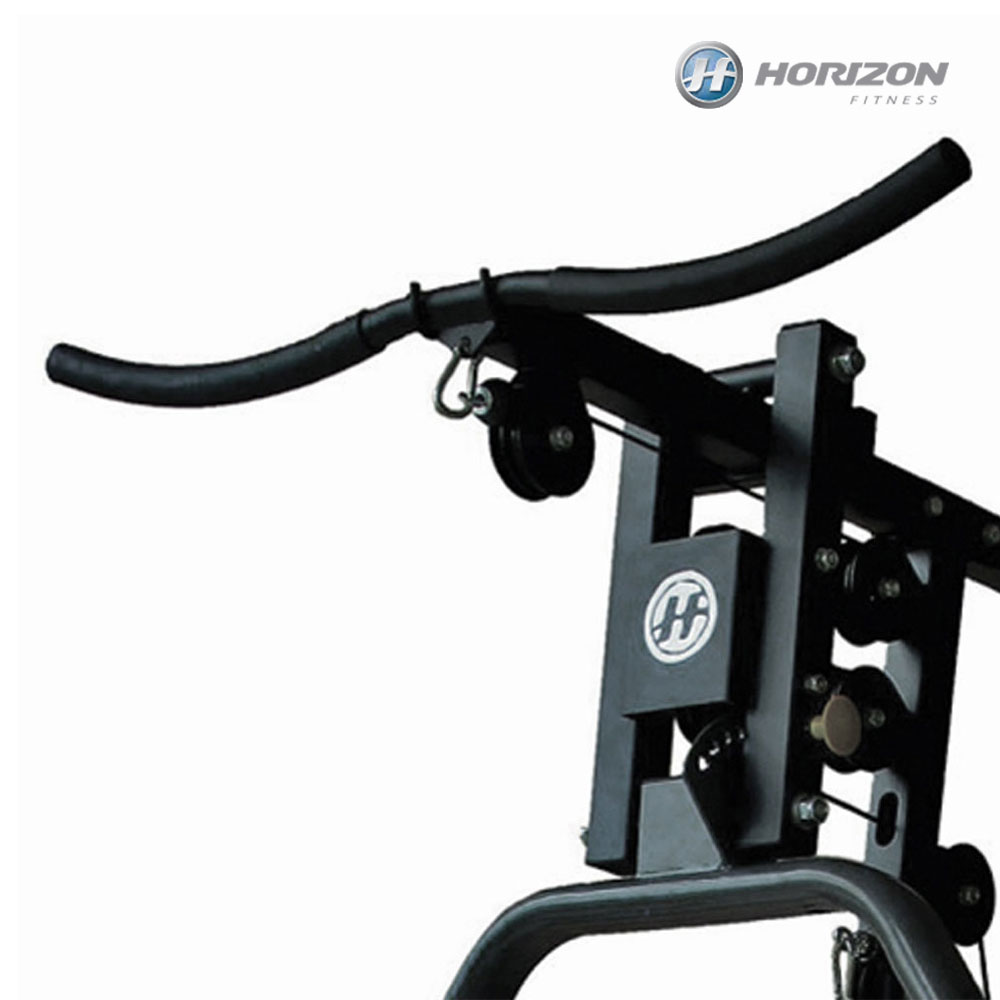 Czarna maszyna do ćwiczeń Horizon Fitness. Ma zakrzywiony drążek, krążki i logo. Tło jest białe.