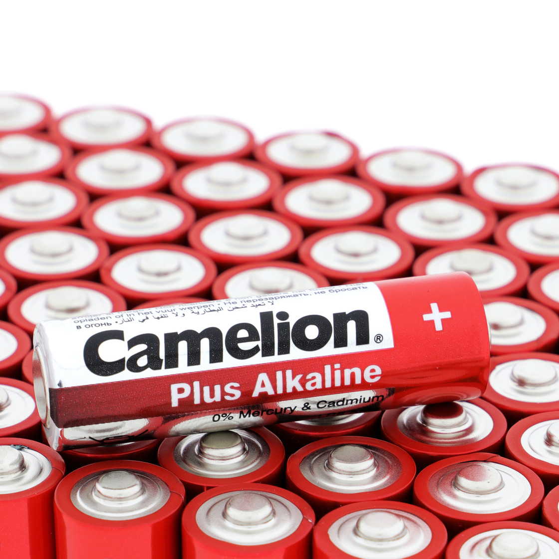 Zbliżenie na liczne czerwone baterie ze srebrnymi wierzchami. Jedna bateria jest ostra, z napisem 'Camelion Plus Alkaline'.