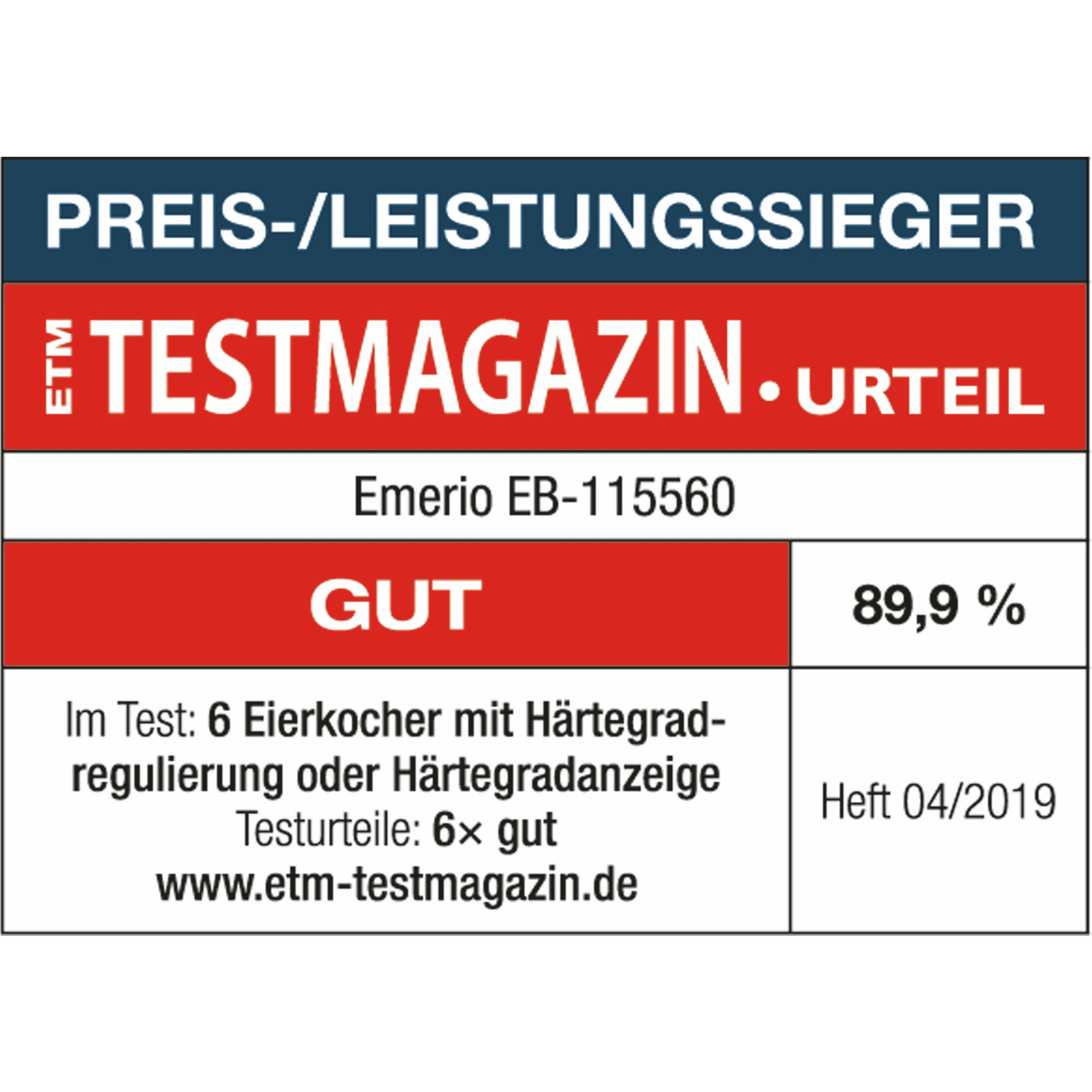 Grafik des Testmagazins mit "Preis-/Leistungssieger" und "TESTMAGAZIN. URTEIL". Enthält Produktinfo, Bewertung von 89,9 % und Datum.
