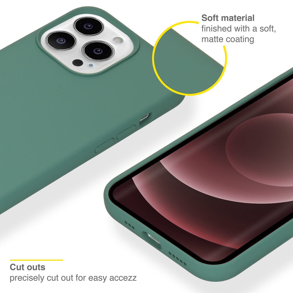 Groene telefoonhoesjes met een zachte, matte afwerking worden getoond. Eén hoesje toont het camera-gedeelte, de ander het scherm.