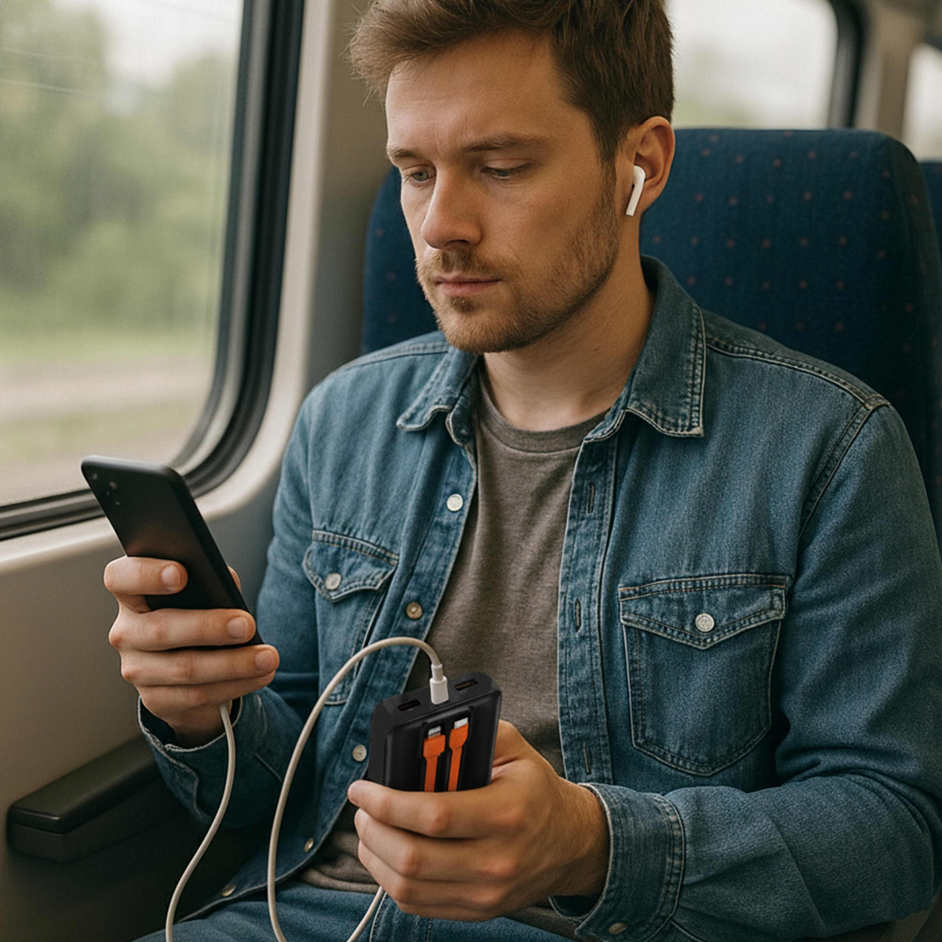 Mann im Zug, benutzt Telefon und Powerbank. Trägt Jeanshemd und hat Ohrhörer. Fenster mit grüner Aussicht im Hintergrund.