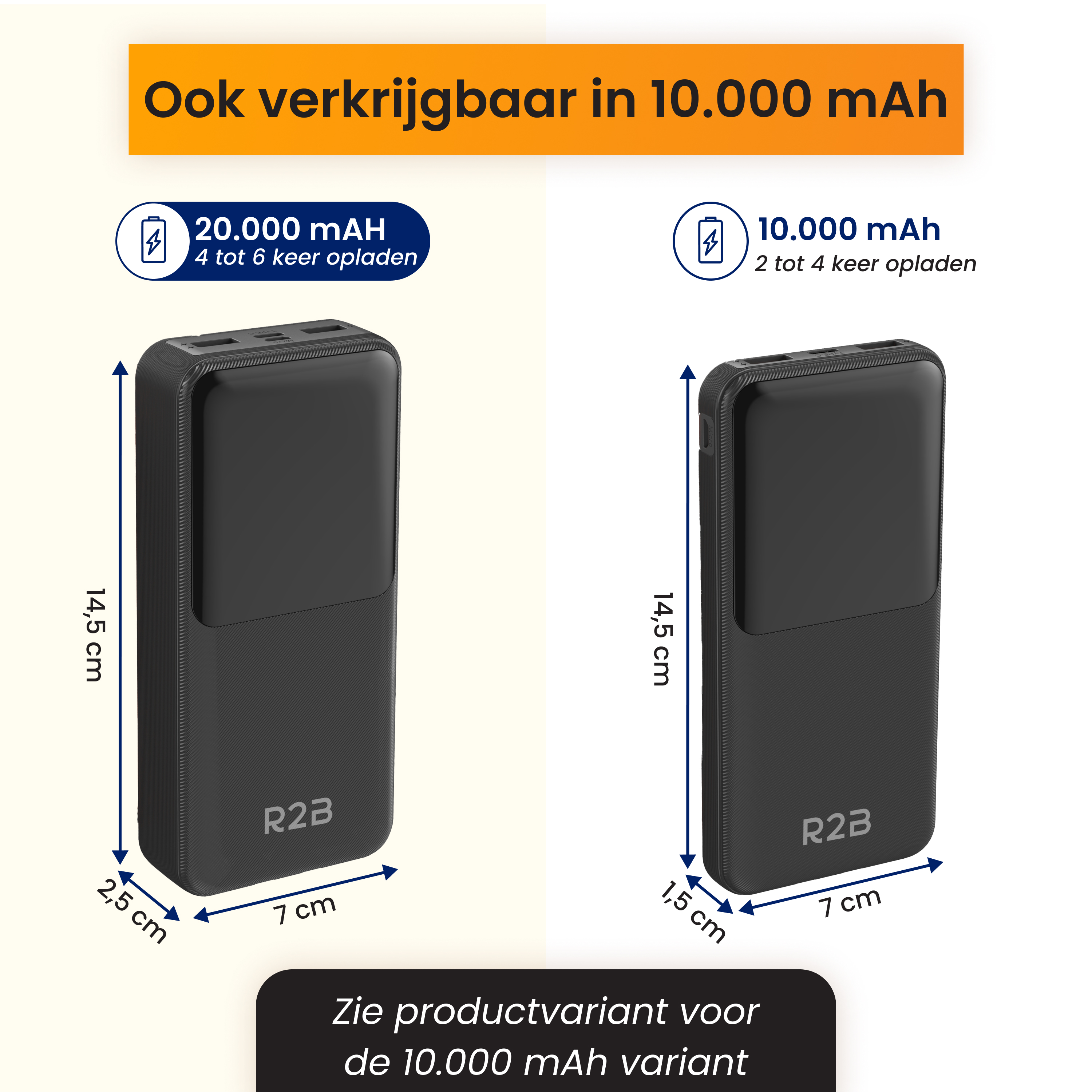 Das Bild zeigt zwei schwarze Powerbanks mit Maßangaben. Text besagt, dass 10.000mAh verfügbar sind. Text hebt 20.000mAh und 10.000mAh hervor.