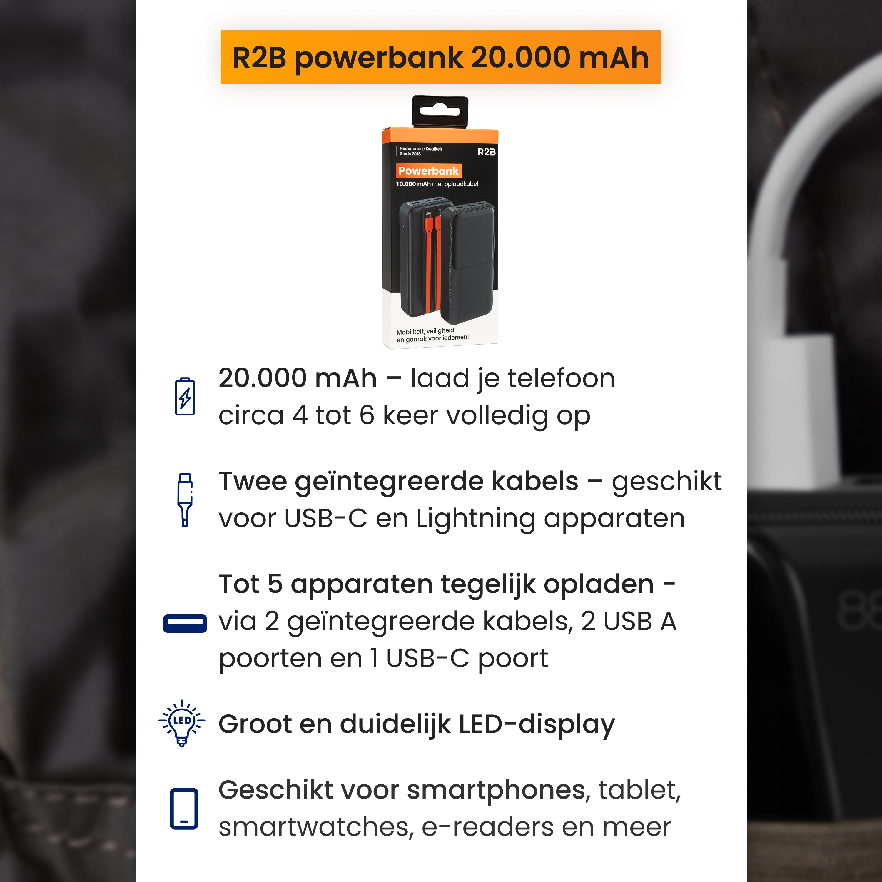 Werbung für eine Powerbank mit Spezifikationen. Es hat eine Box mit einer Powerbank und orangefarbenen Kabeln.