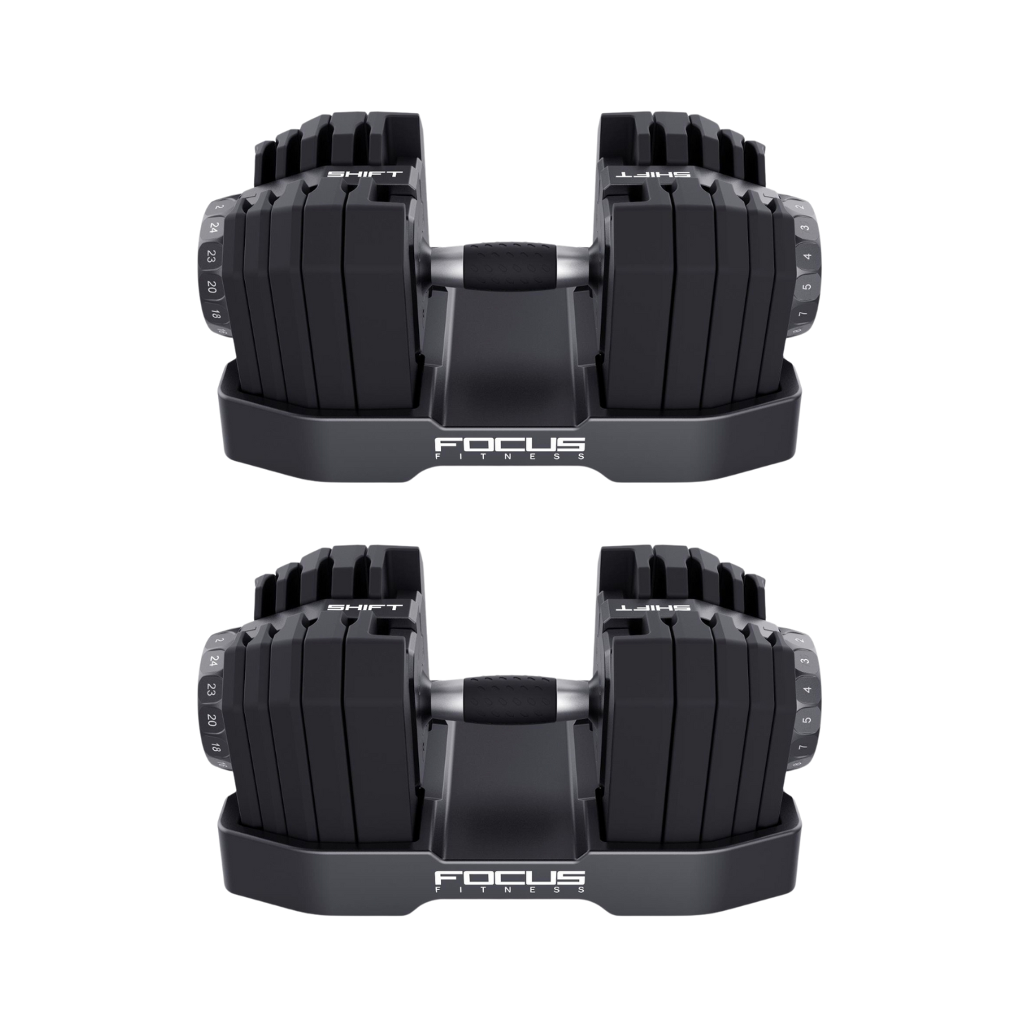 Twee zwarte verstelbare dumbbells met gewichtsinstellingen. Elk op een zwarte basis, met 'Focus Fitness' gedrukt.