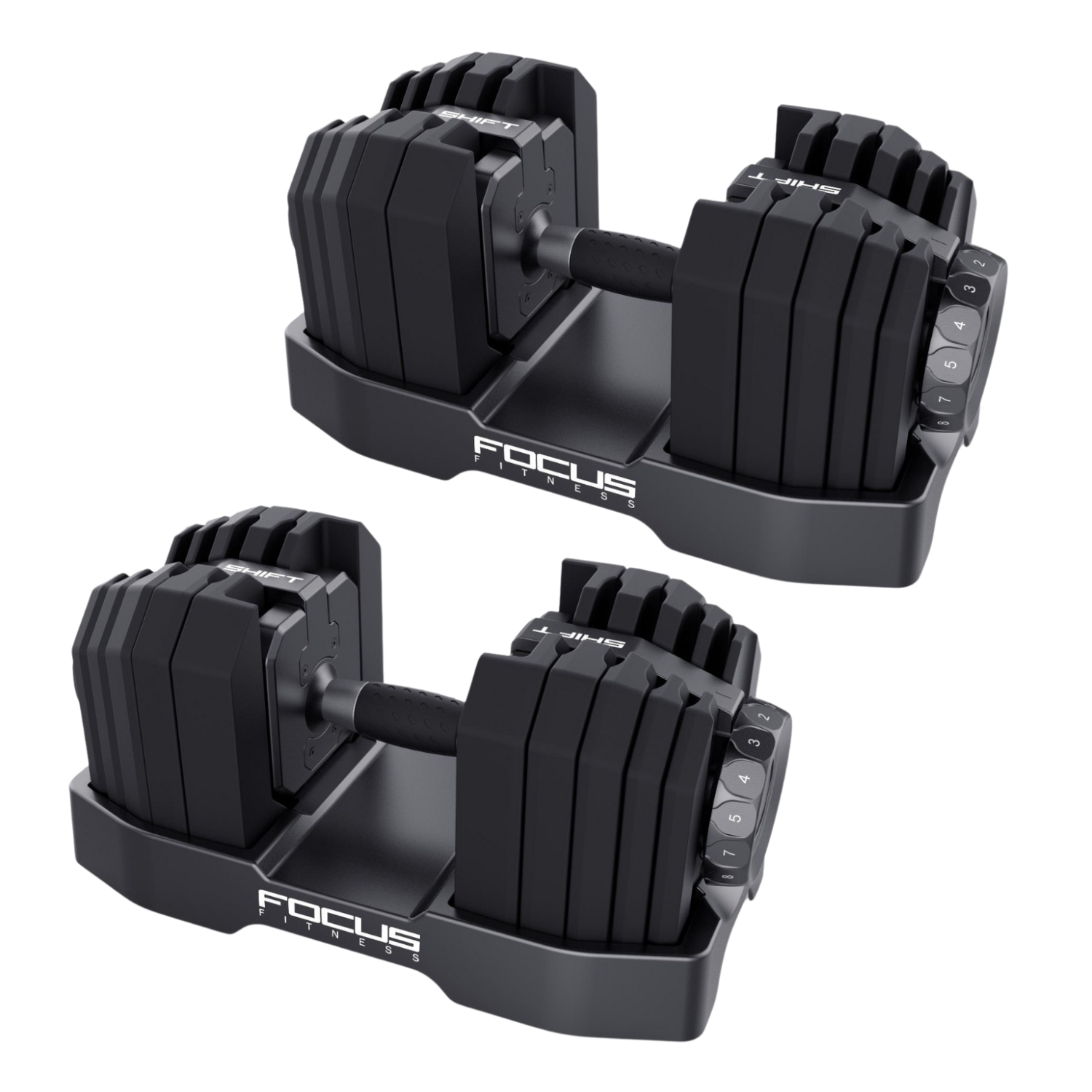 Twee zwarte verstelbare dumbbells op een witte achtergrond. Elke dumbbell heeft verstelbare gewichten met nummers en een handvat.