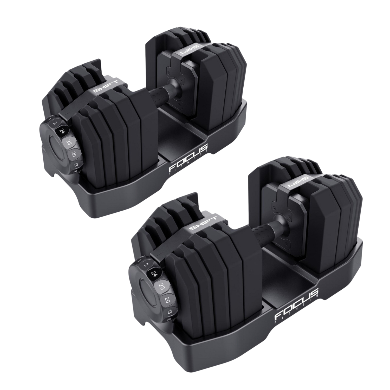 Twee verstelbare zwarte dumbbells op wit. Elk heeft zichtbare gewichtsinstellingen. Focus Fitness logo zichtbaar op de basis.