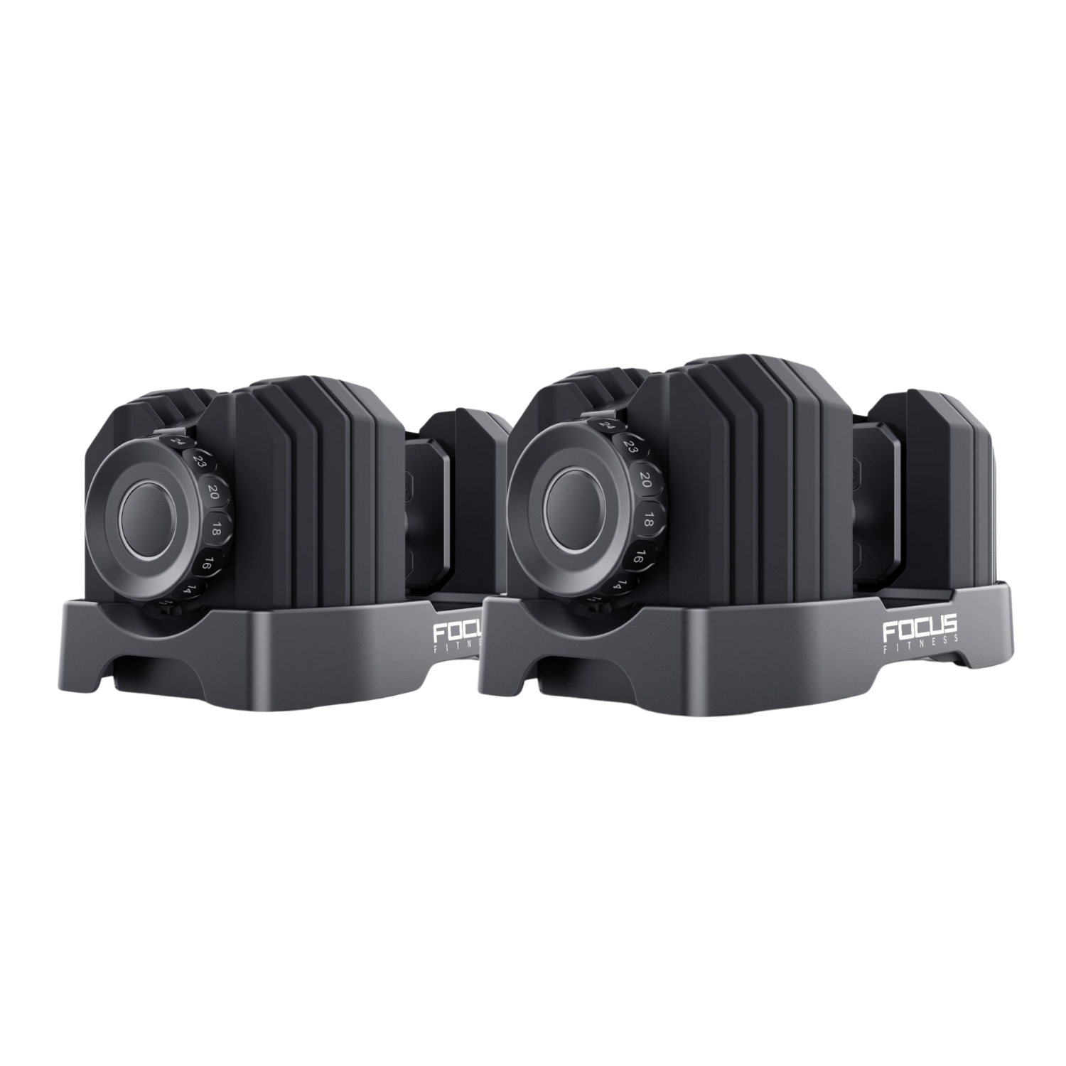 Twee verstelbare dumbbells op een witte achtergrond. Elk heeft een wijzerplaat met cijfers, een zwart gewichtsselectiesysteem en een donkergrijze basis.