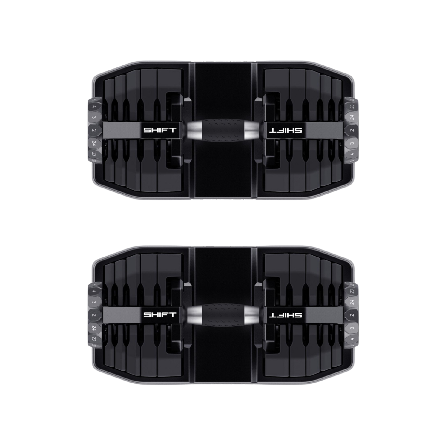 Twee zwarte en grijze verstelbare dumbbells met het woord SHIFT op de handgrepen, tegen een witte achtergrond.