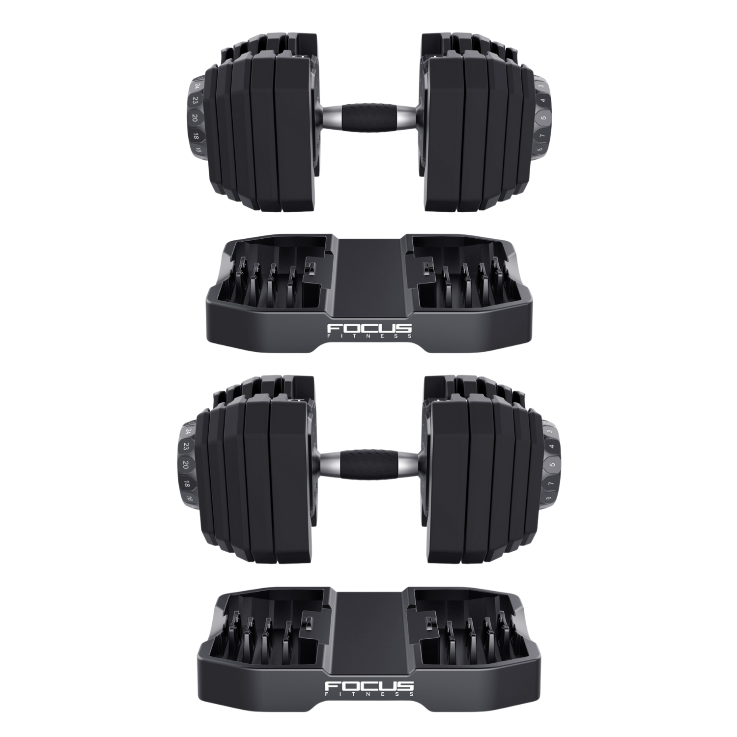 Twee verstelbare dumbbells met hun basissen. De dumbbells zijn zwart met genummerde gewichtsindicatoren en Focus Fitness staat op de basissen.