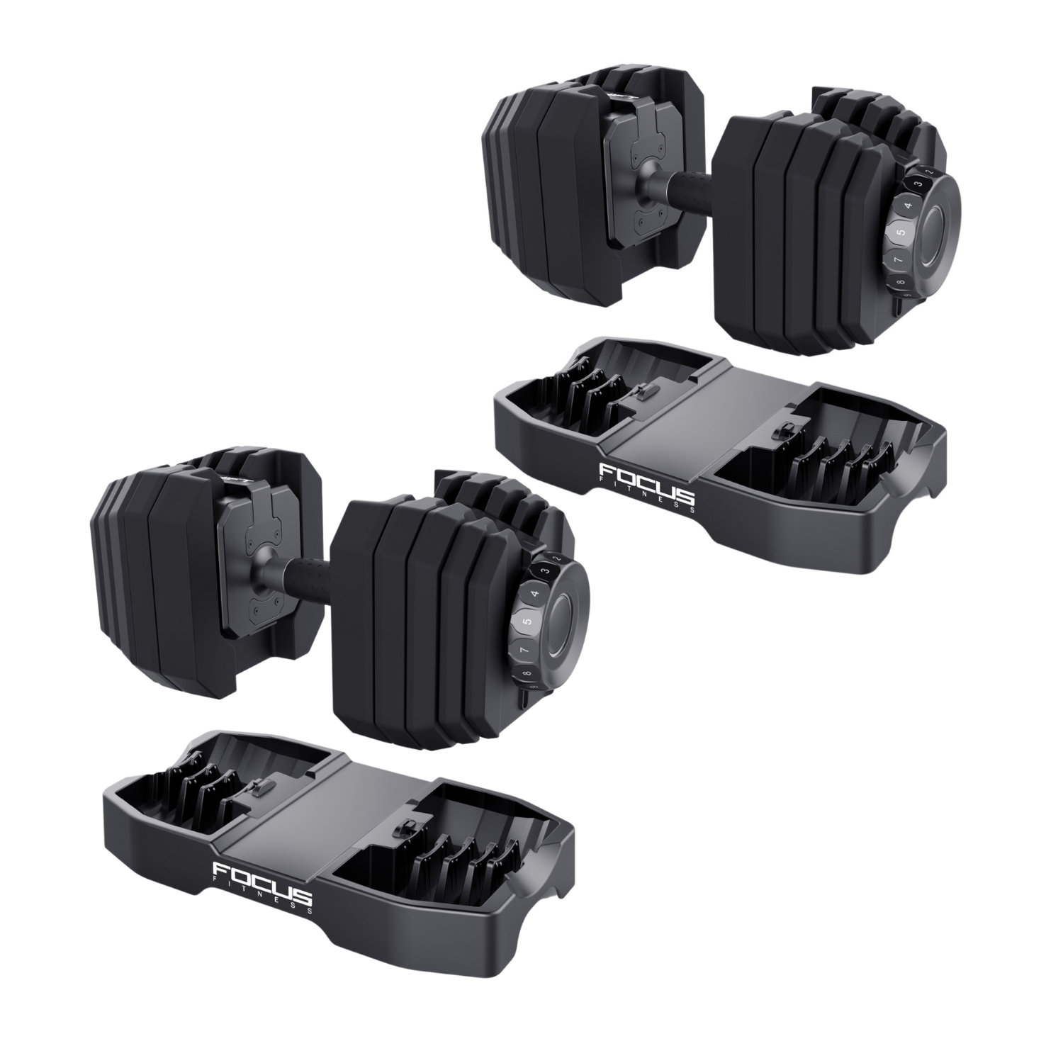 Twee zwarte verstelbare dumbbells met gewichtsselectiedials en hun opbergbakken, met het label "FOCUS FITNESS", op een witte achtergrond.