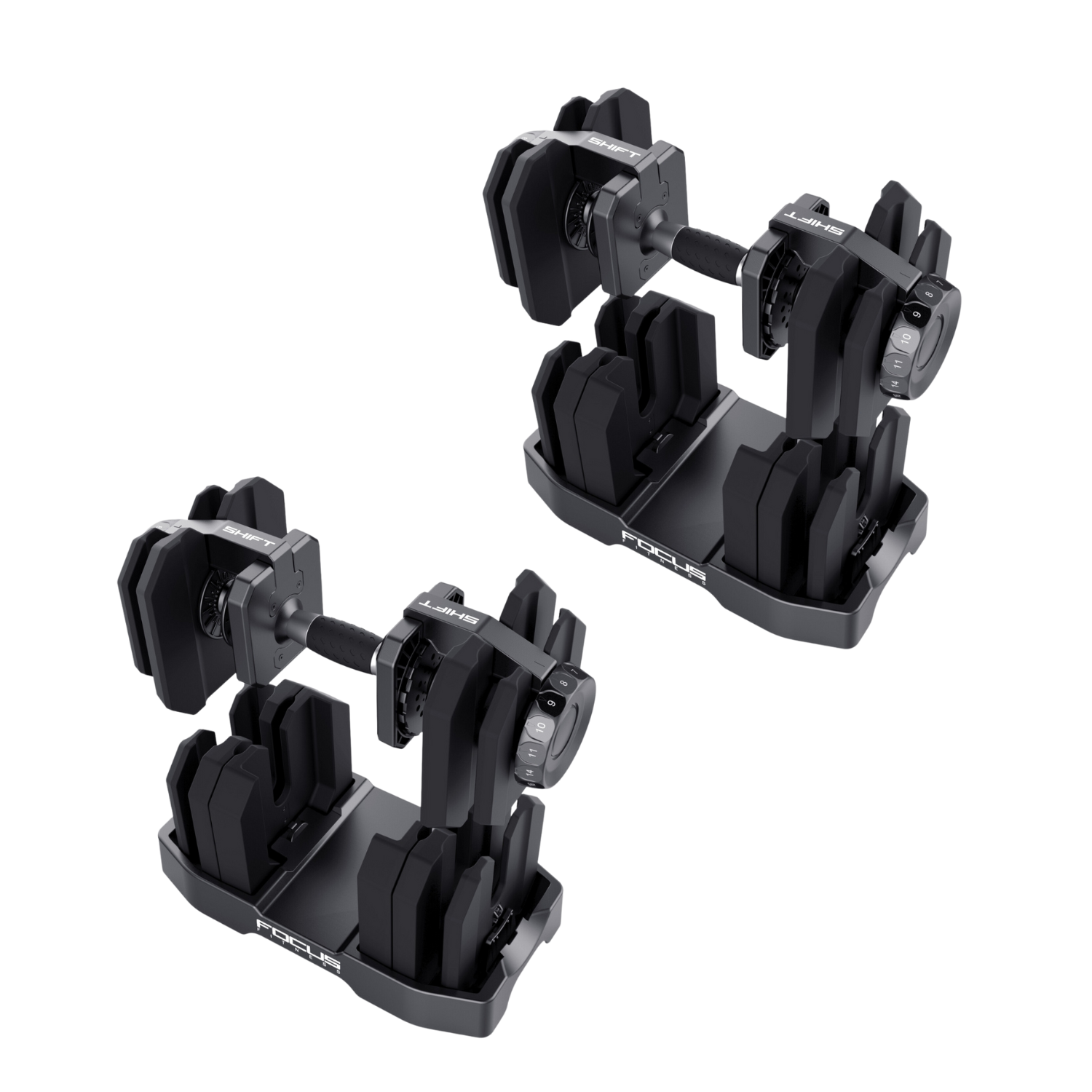 Twee zwarte verstelbare dumbbells op een witte achtergrond. Elk heeft een handvat, gewichtplaten en een selectiewiel. "SHIFT" en "FOCUS" zijn zichtbaar.