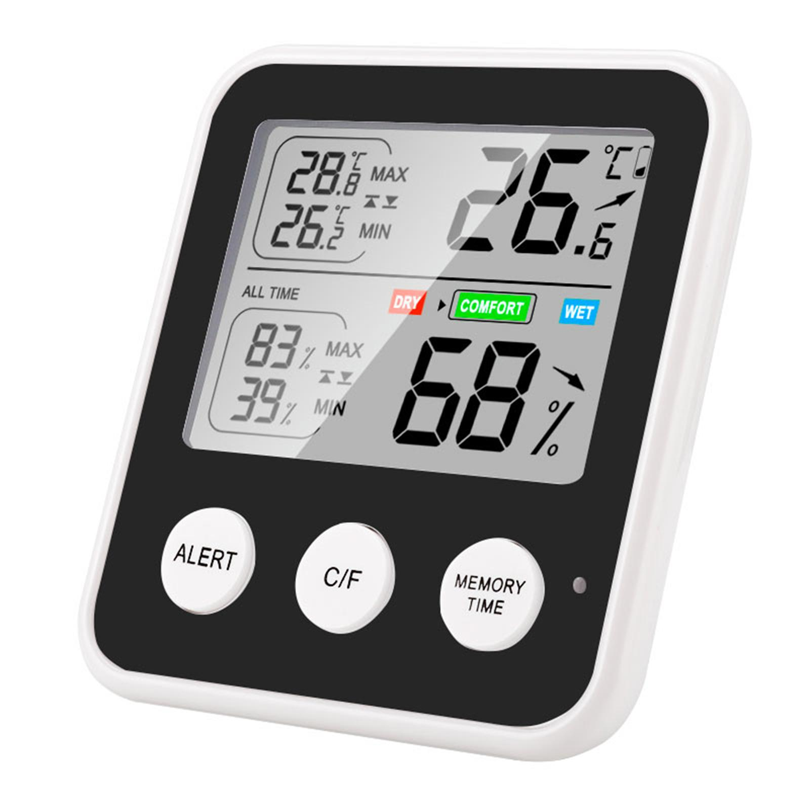 Digitales Thermometer zeigt Temperatur, Luftfeuchtigkeit und Komfort an. Zeigt Max/Min-Werte und hat Tasten für Alarm, C/F und Speicher.