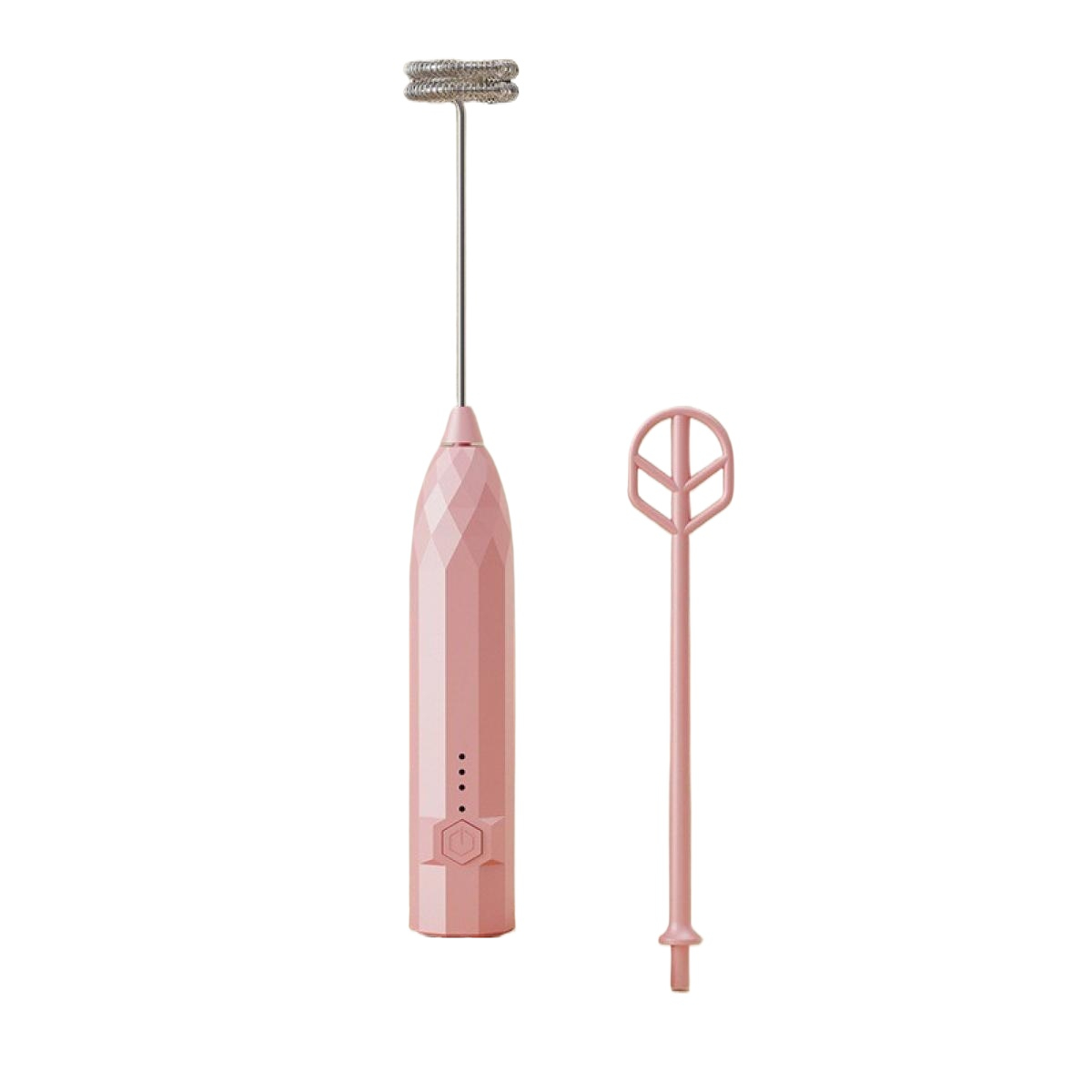 Ein rosa Milchaufschäumer mit Schneebesen und separatem rosa Rührstab, beides auf weißem Hintergrund. Der Aufschäumer hat einen Einschaltknopf.
